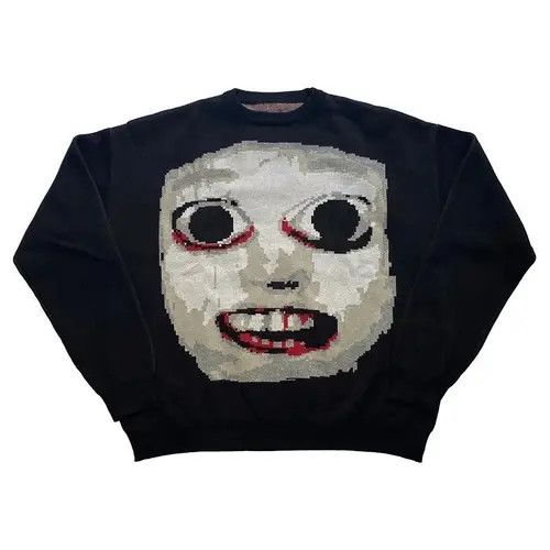 image of Vintage Streetwear Sweater Retro Demon Painting Anime Face in Black, Men's (Size Large)