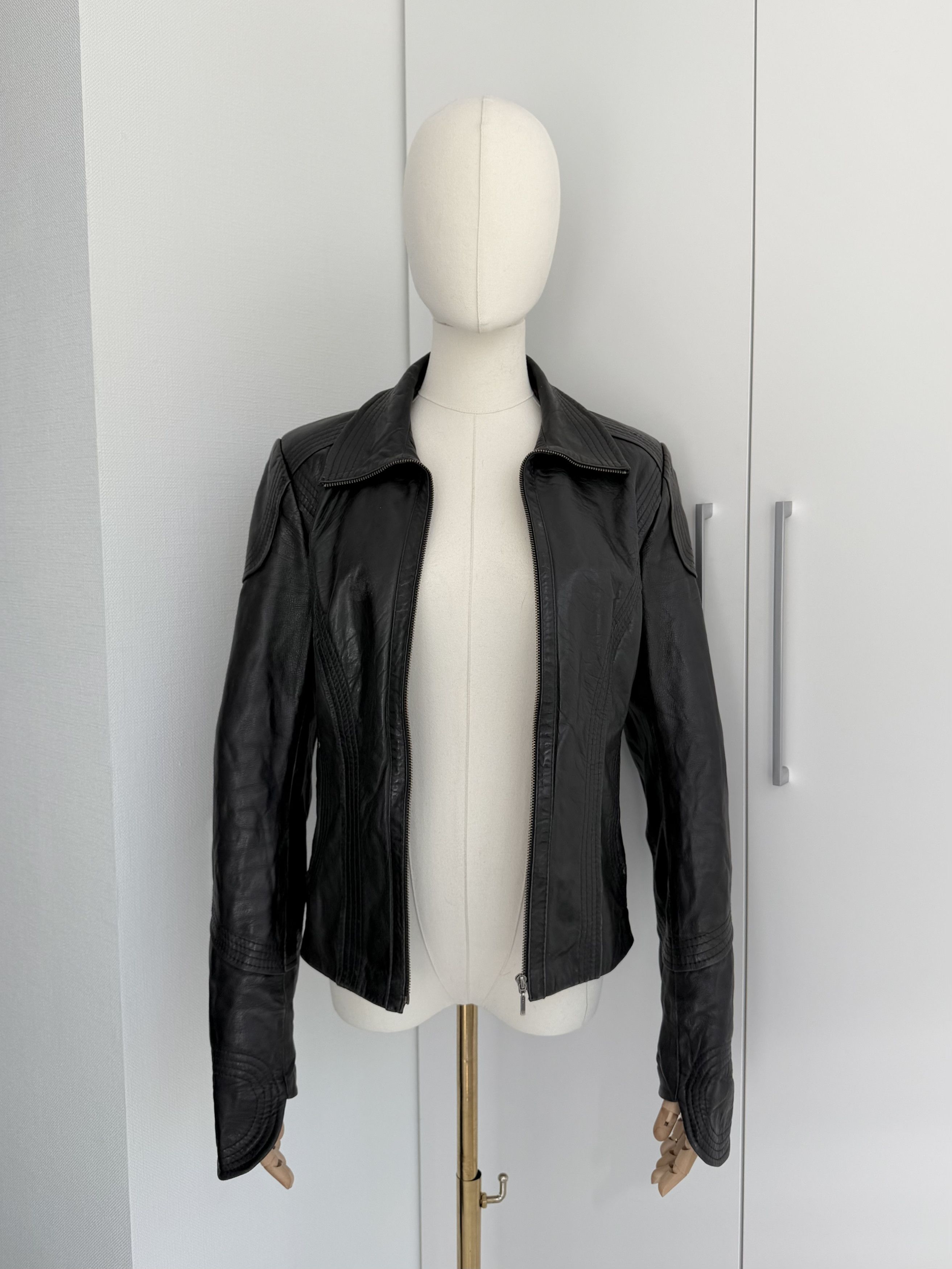 Genuine Leather Leather Jacket Women Size M Fitted Zip Moto Minimalist Y2K Size M / US 6-8 / IT 42-44 - 3 Thumbnail