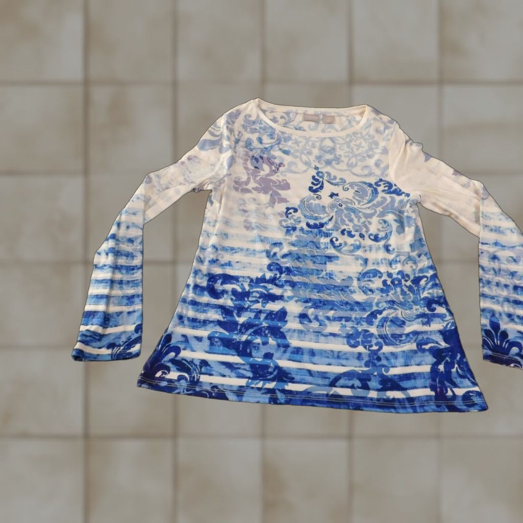 Vintage Chicos Blouse Shirt Womens 0 Blue Floral Knit Polyester Button Round Neck Long Sleeve Casu al Stretch Regular Vintage No Size XS / US 0-2 / IT 36-38 - 1 Thumbnail