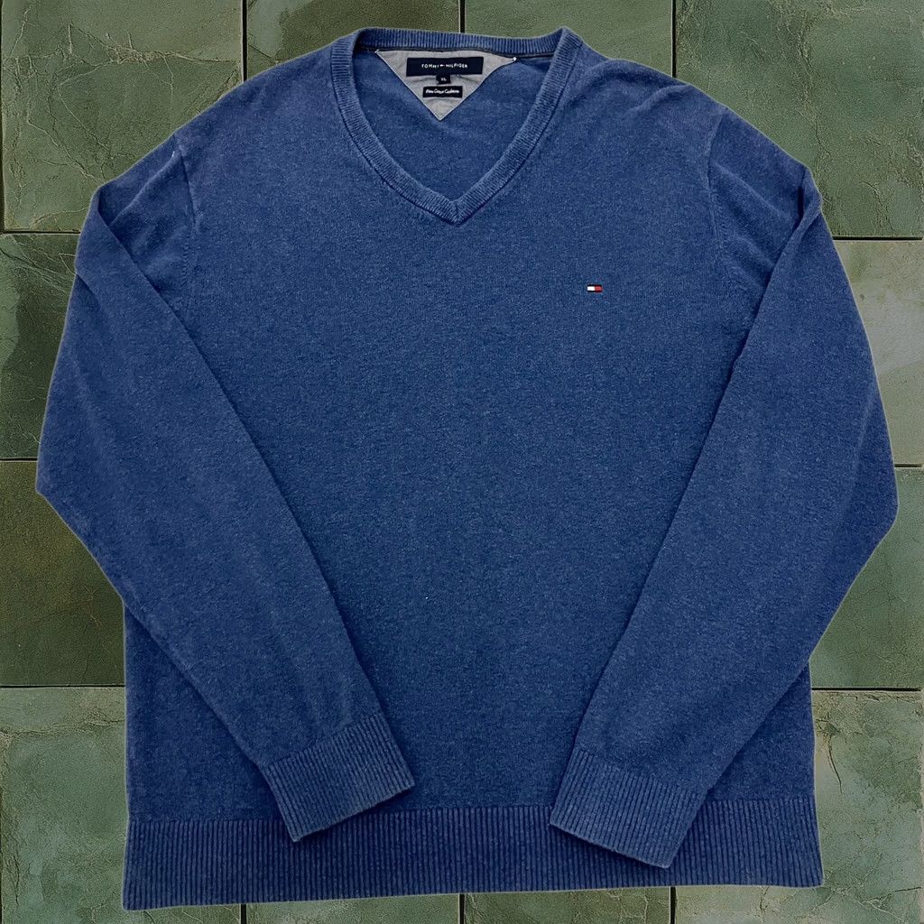 Tommy Hilfiger Jumper Sweater V Neck Cashmere Pima Cotton Blue 1XL Mens, Men's
