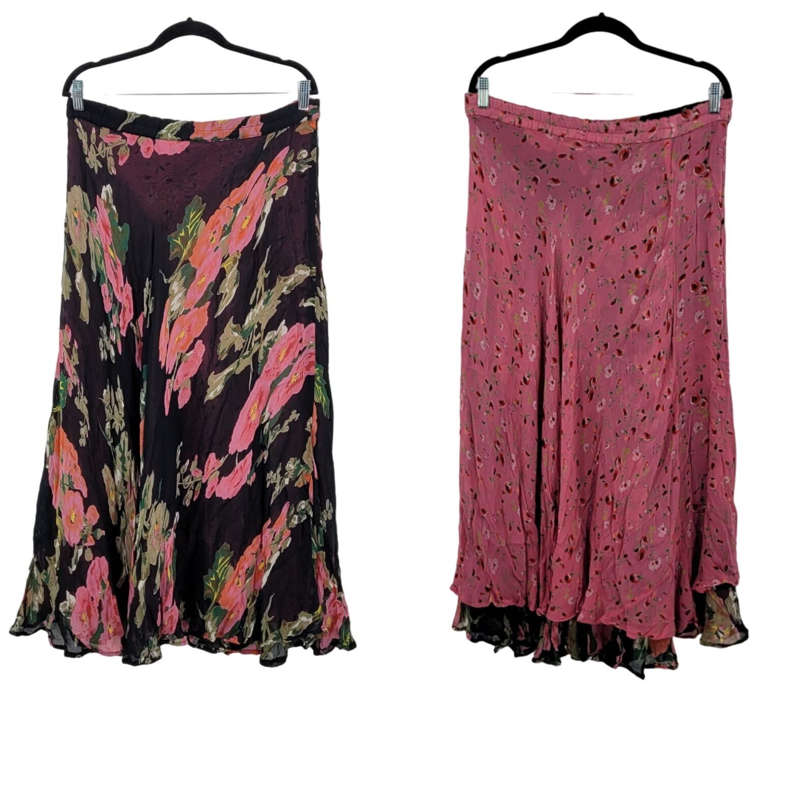 Vintage Vintage Reversible Floral Maxi Skirt M Black Pink Ditzy Size 35" - 18 Thumbnail