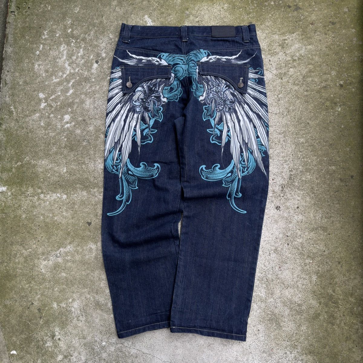 Streetwear × Vintage VINTAGE Y2K RAW BLUE BAGGY CYBER WING DENIM 