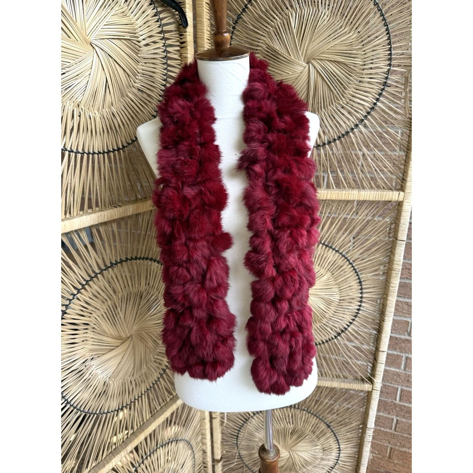 Vintage VINTAGE Cejon Scarf Women's Red Rabbit Fur Pom Pom Long Scar f Festival Glam Y2k Boa Ne Size ONE SIZE - 4 Thumbnail