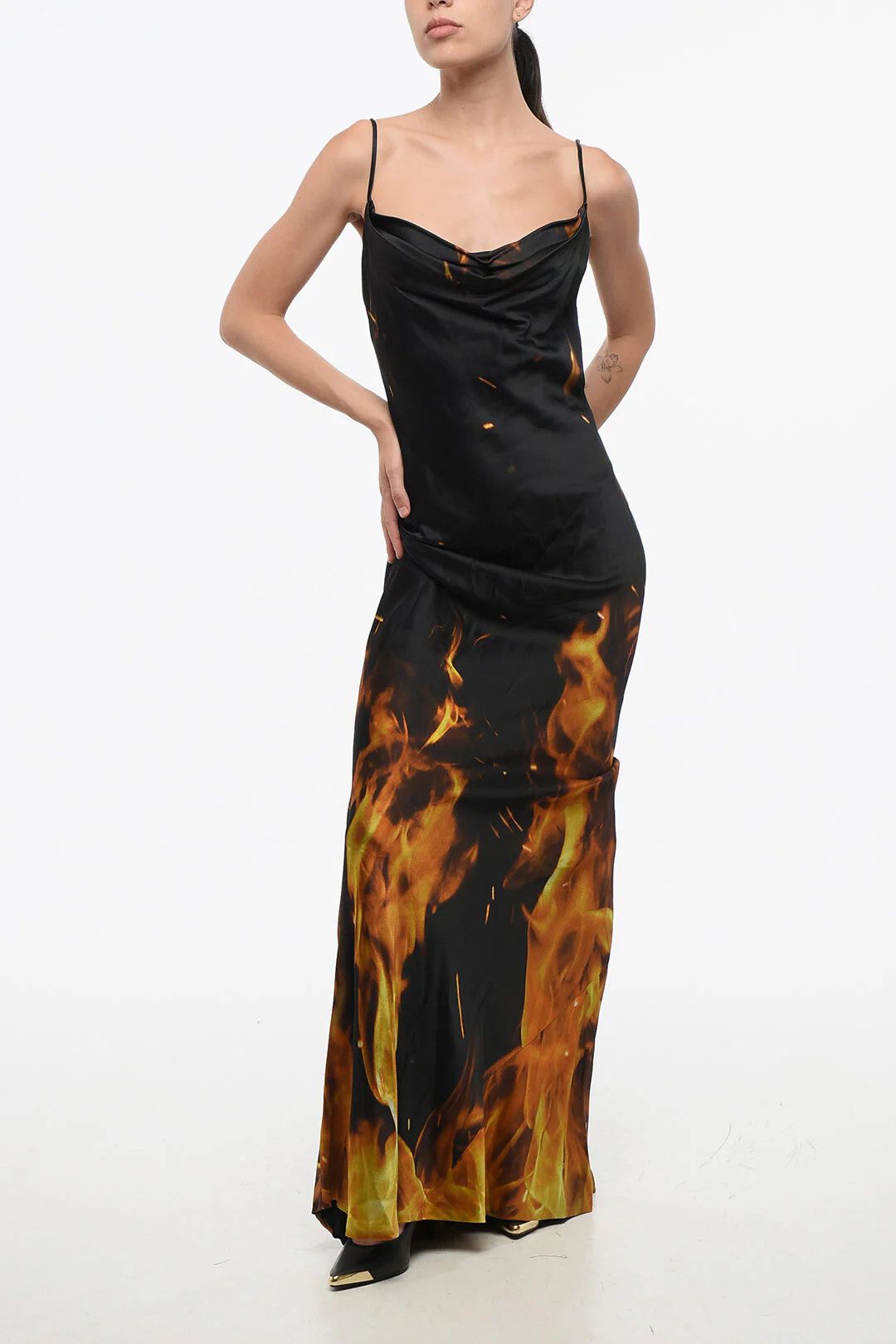Balmain og1mm0326 Long Satin Dress in Black/Orange Size XS / US 0-2 / IT 36-38 - 1 Thumbnail