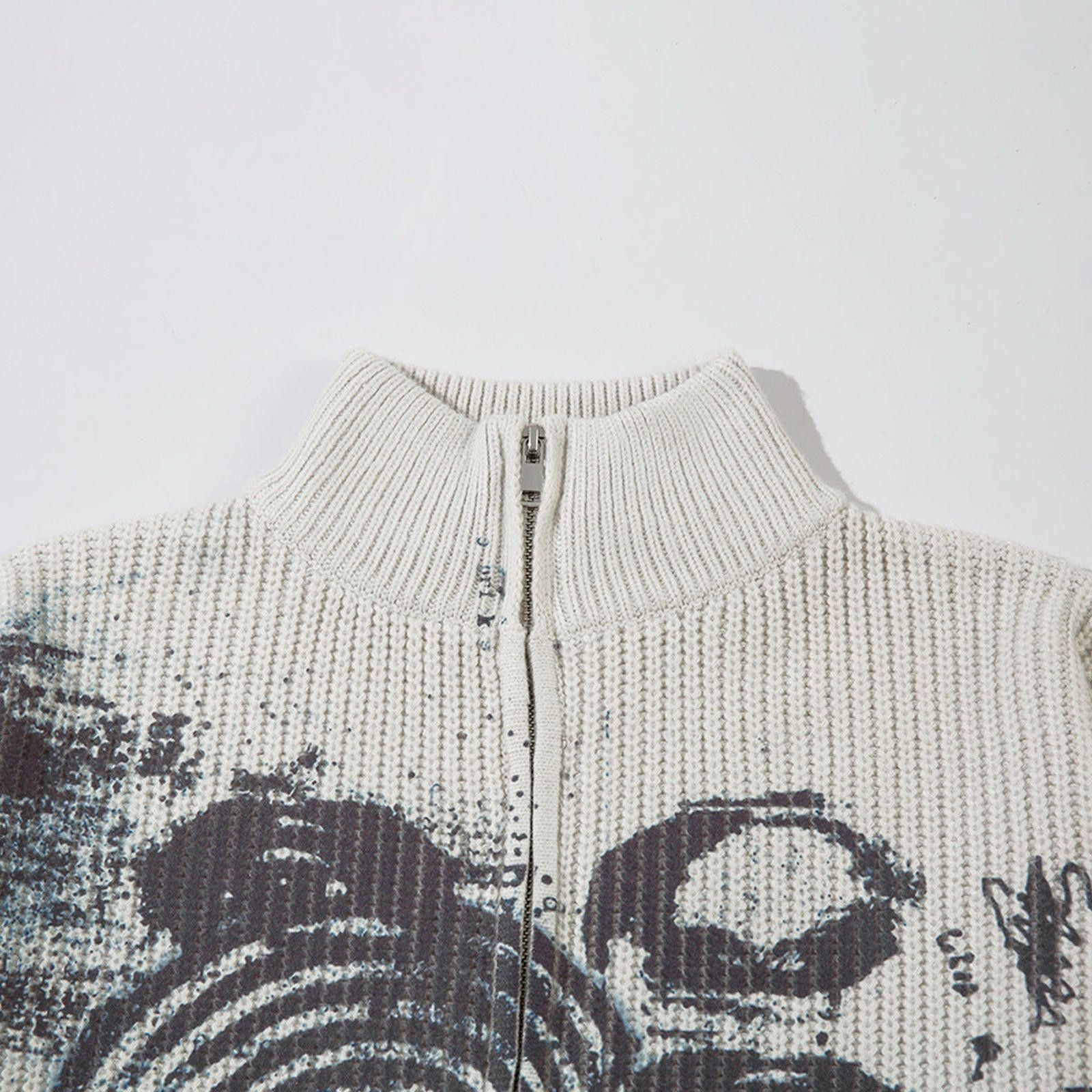 Vintage Cream Graphic Print Knit Zip-Up Sweater, Casual Knitwear Size US M / EU 48-50 / 2 - 3 Thumbnail
