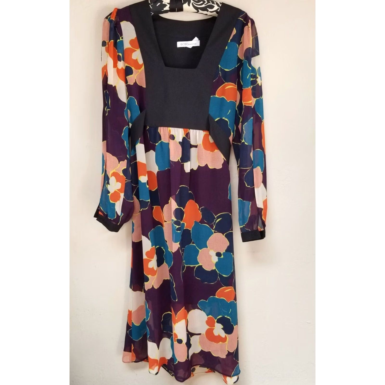 BCBGeneration BCBGeneration Womens Square Neck Sheer Floral Maxi Dress Long Sleeve XS Multicolor Floral Maxi Dress Womens XS Size XS / US 0-2 / IT 36-38 - 2 Thumbnail