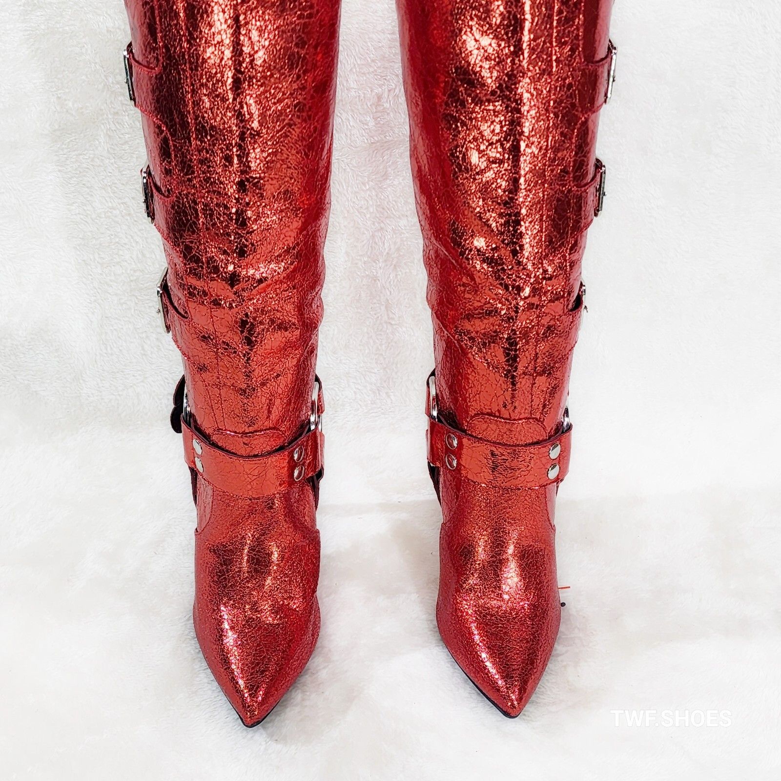 Other Look At Me Red Faux Leather High Heel Harness Knee Boots (US Size US 9 / IT 39 - 5 Thumbnail
