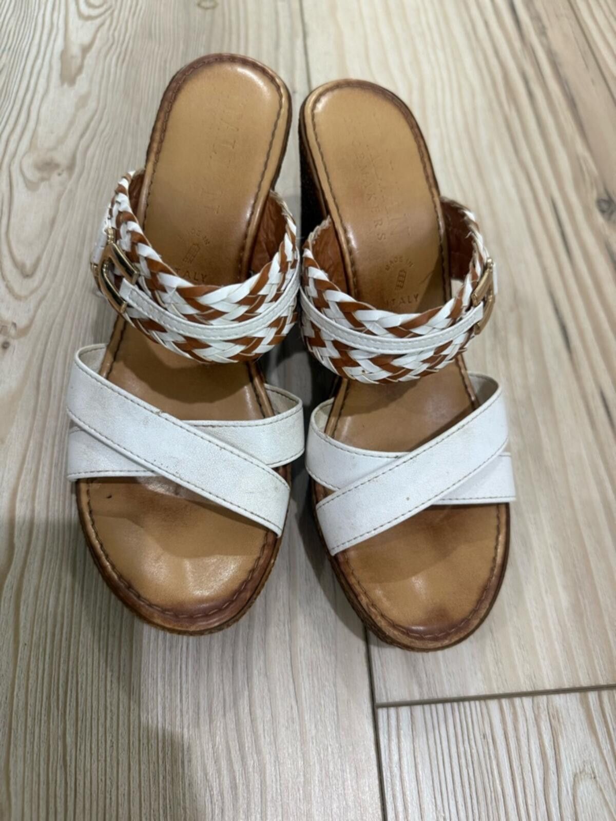 Other Italian Shoemakers White & Brown Woven Leather Wedge Sandals Size US 5 / IT 35 - 3 Thumbnail