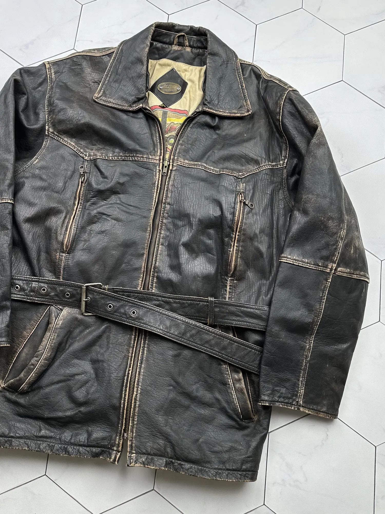 Genuine Leather Vintage Faded Leather Belt Coat (B409)E2 Size US L / EU 52-54 / 3 - 3 Thumbnail