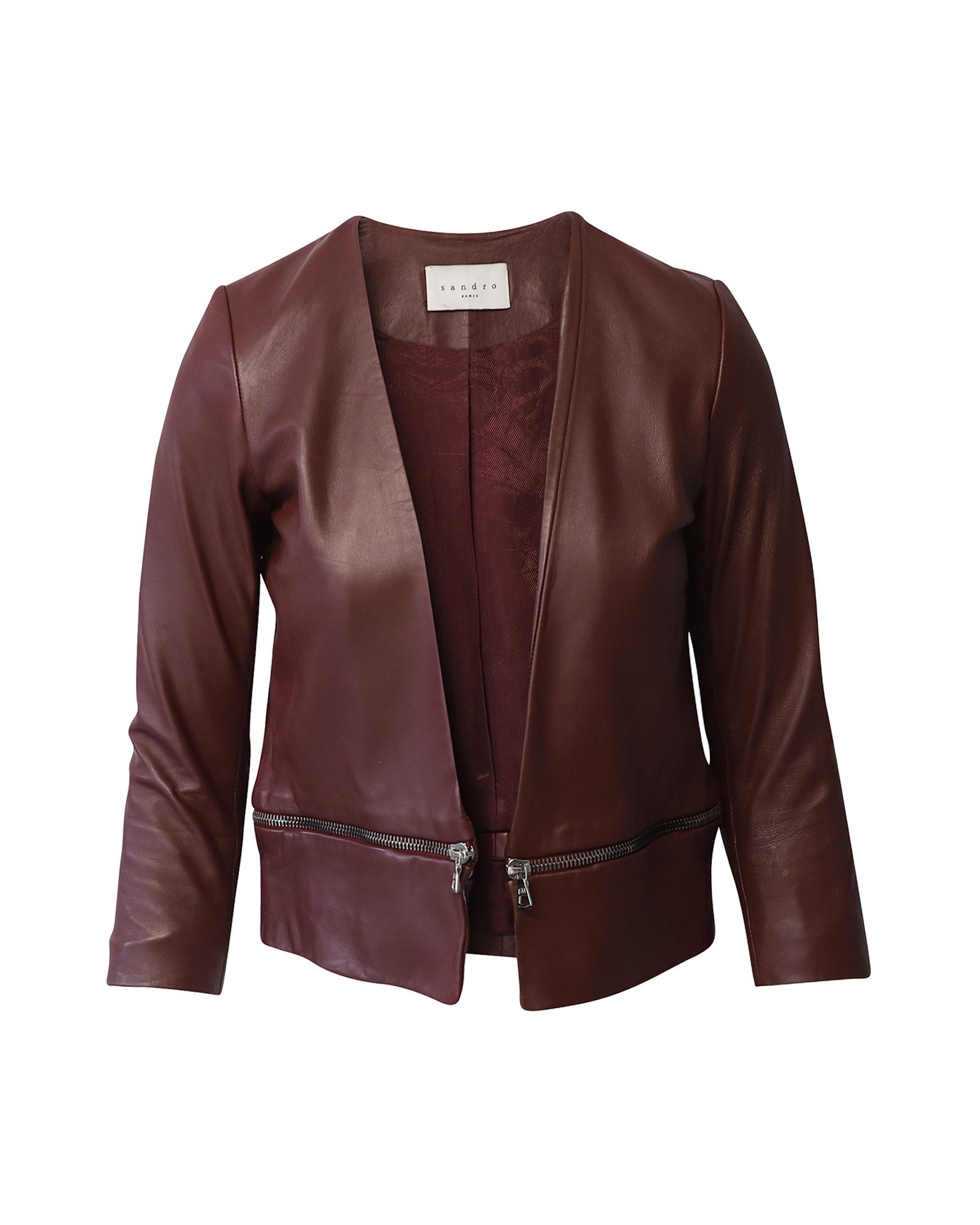 Sandro Sandro Paris Zipper Trim Jacket in Burgundy Leather Size XXS / US 00 / IT 34 - 1 Thumbnail