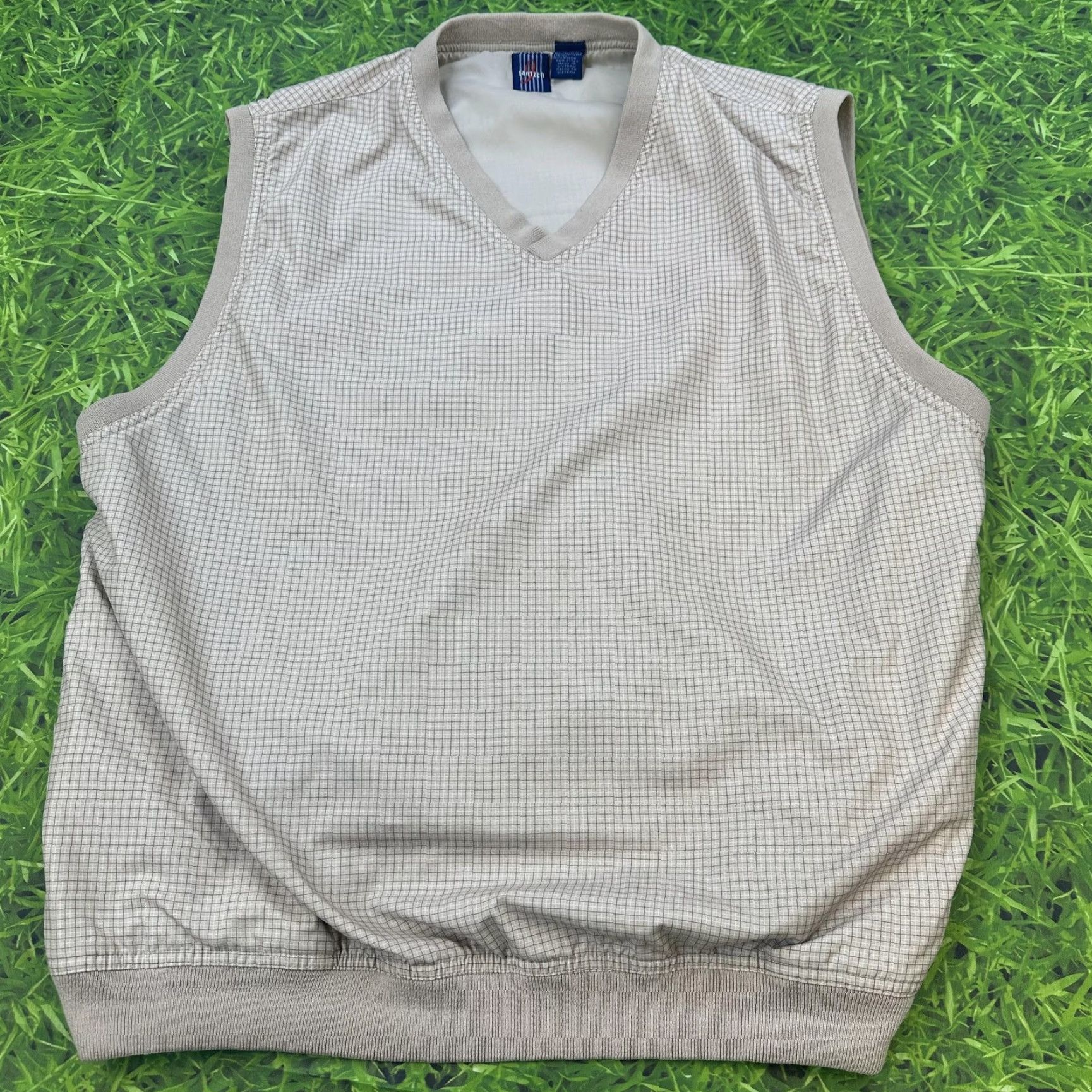 Jantzen Jantzen Mens XL Tan Plaid V Neck Windbreaker Nylon Lined Vest Golf Preppy Lightweight Jacket Size US XL / EU 56 / 4 - 2 Thumbnail