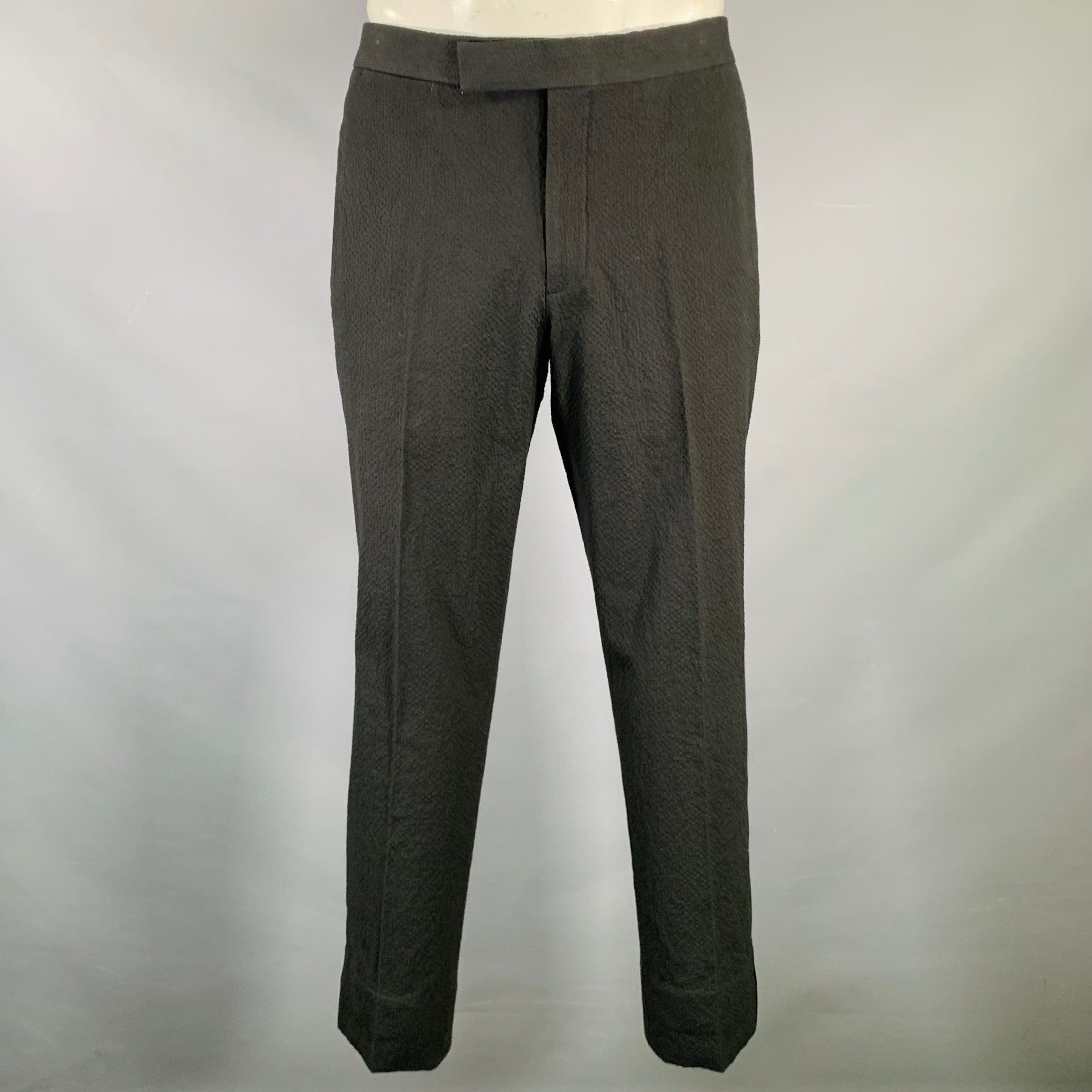 image of Suitsupply Black Seersucker Cotton Blend Tuxedo Dress Pants, Men's (Size 32)