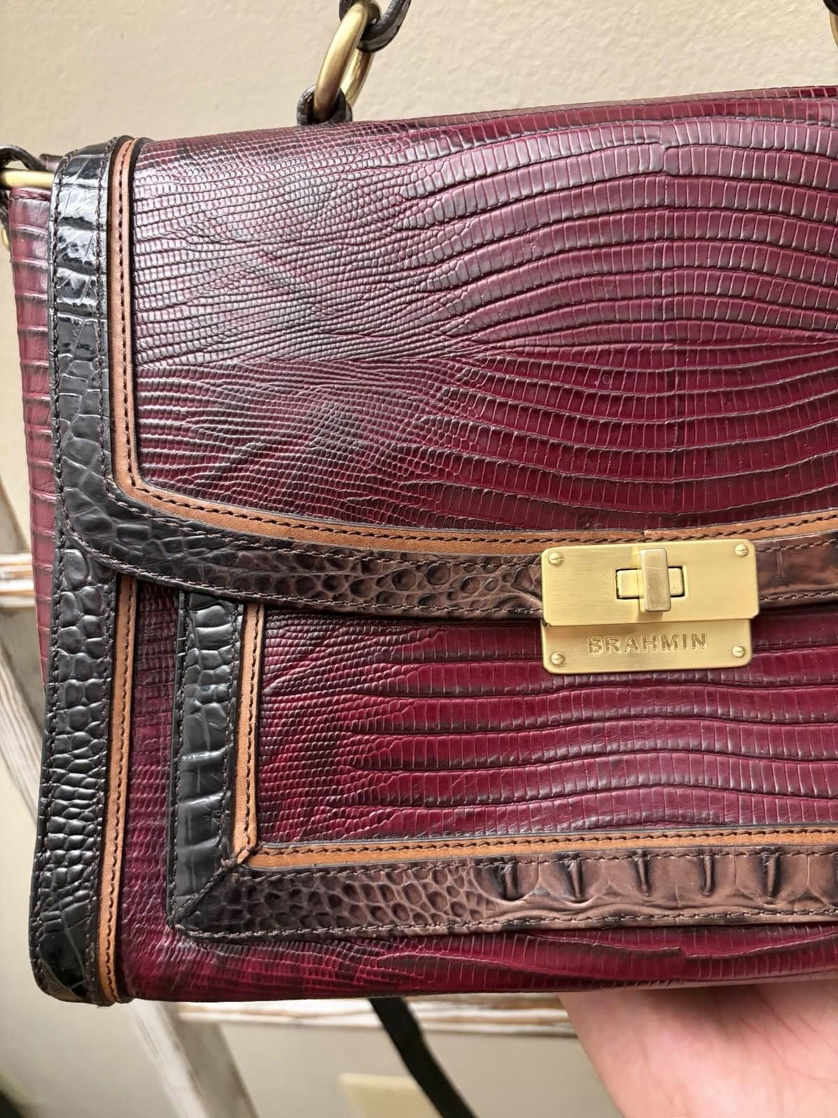 BRAHMIN Brahmin Red Leather Croc Print Buckle Flap Shoulder Handbag Size ONE SIZE - 2 Thumbnail