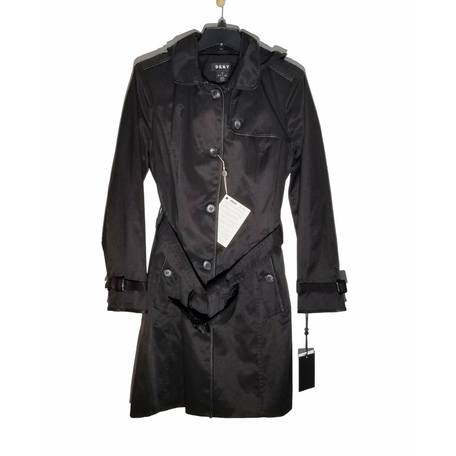 DKNY ⭐DKNY Womens Black Hooded Trench Coat Sz S Faux Leather Trim Size S / US 4 / IT 40 - 3 Thumbnail