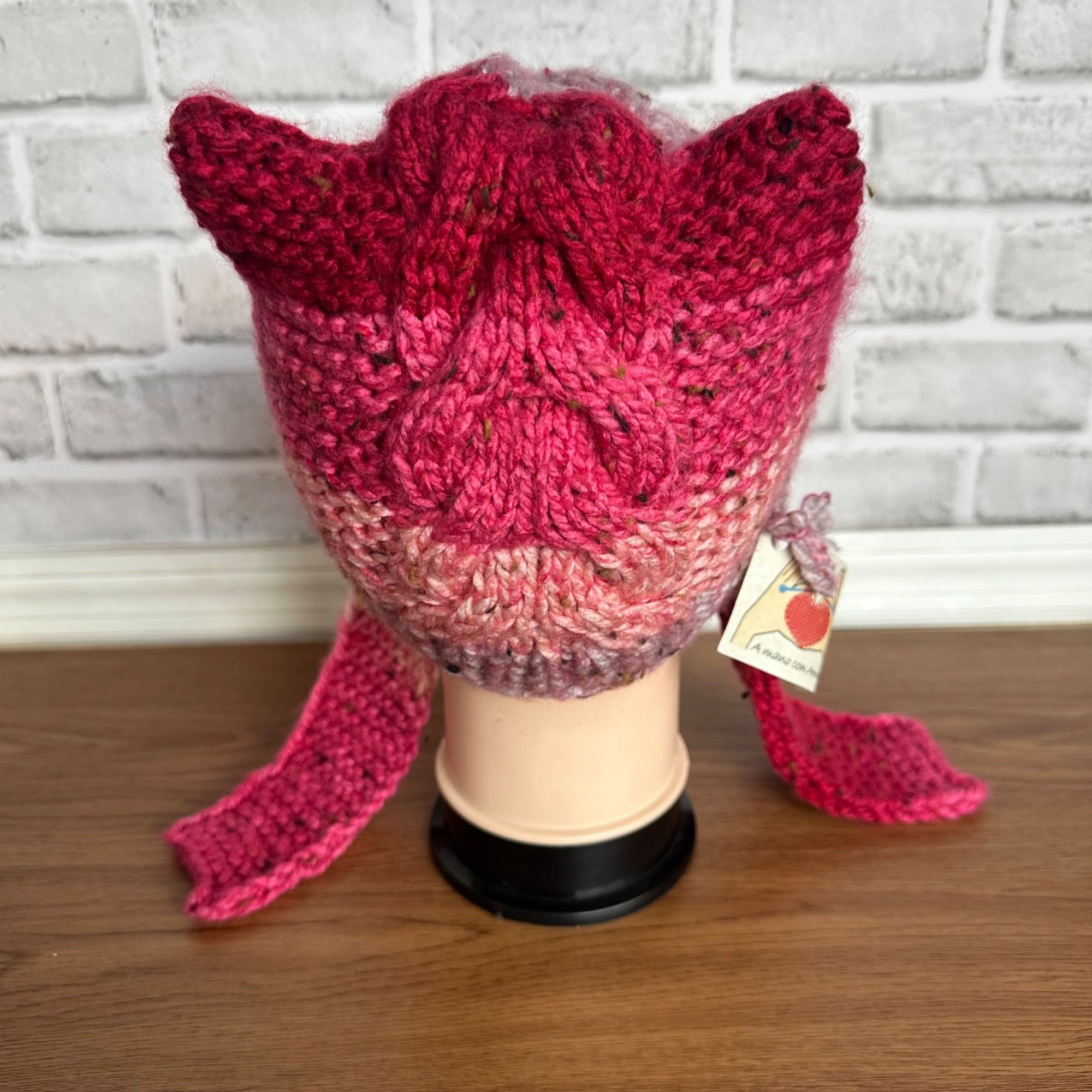 Handmade ⭐ Silky Hand-Knit Pink Cat Ear Earflap Winter Hat Handmade C Size ONE SIZE - 4 Thumbnail