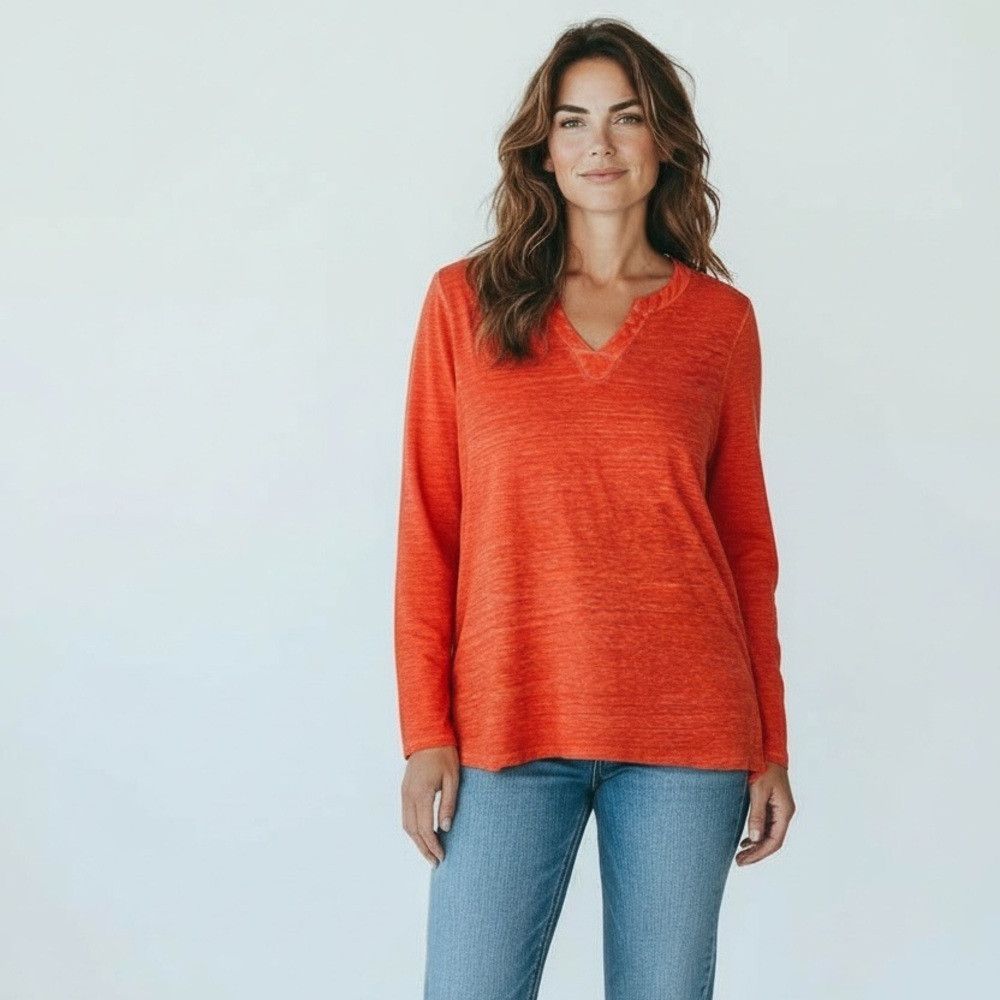 Chicos NWT New Chico's Linen Split-Neck Long Sleeve Red Tunic Size Size L / US 10 / IT 46 - 1 Thumbnail