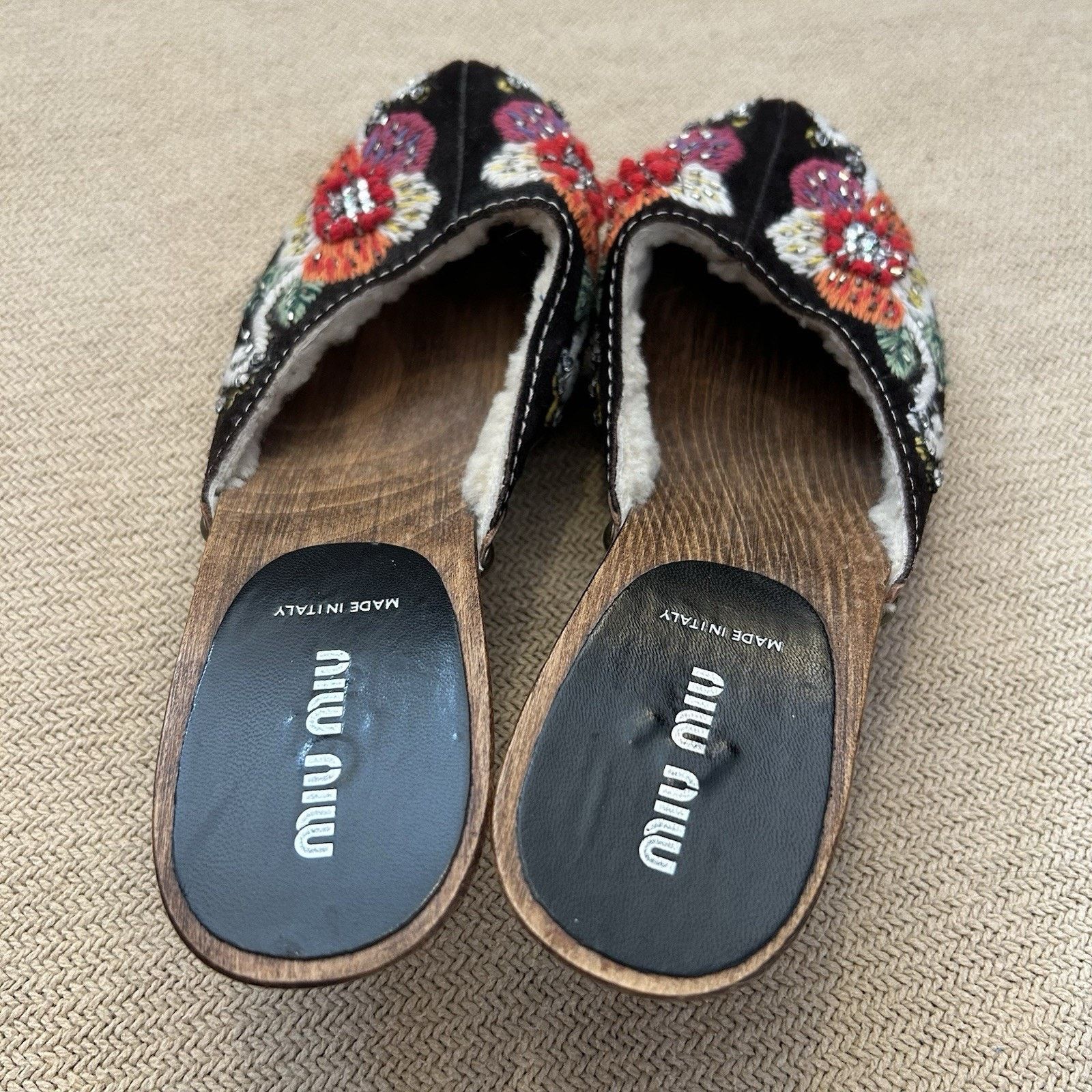 Miu Miu × Vintage Archive Floral Rhinestone Shearling Lined Clogs Mules 38.5 Size US 8.5 / IT 38.5 - 4 Thumbnail