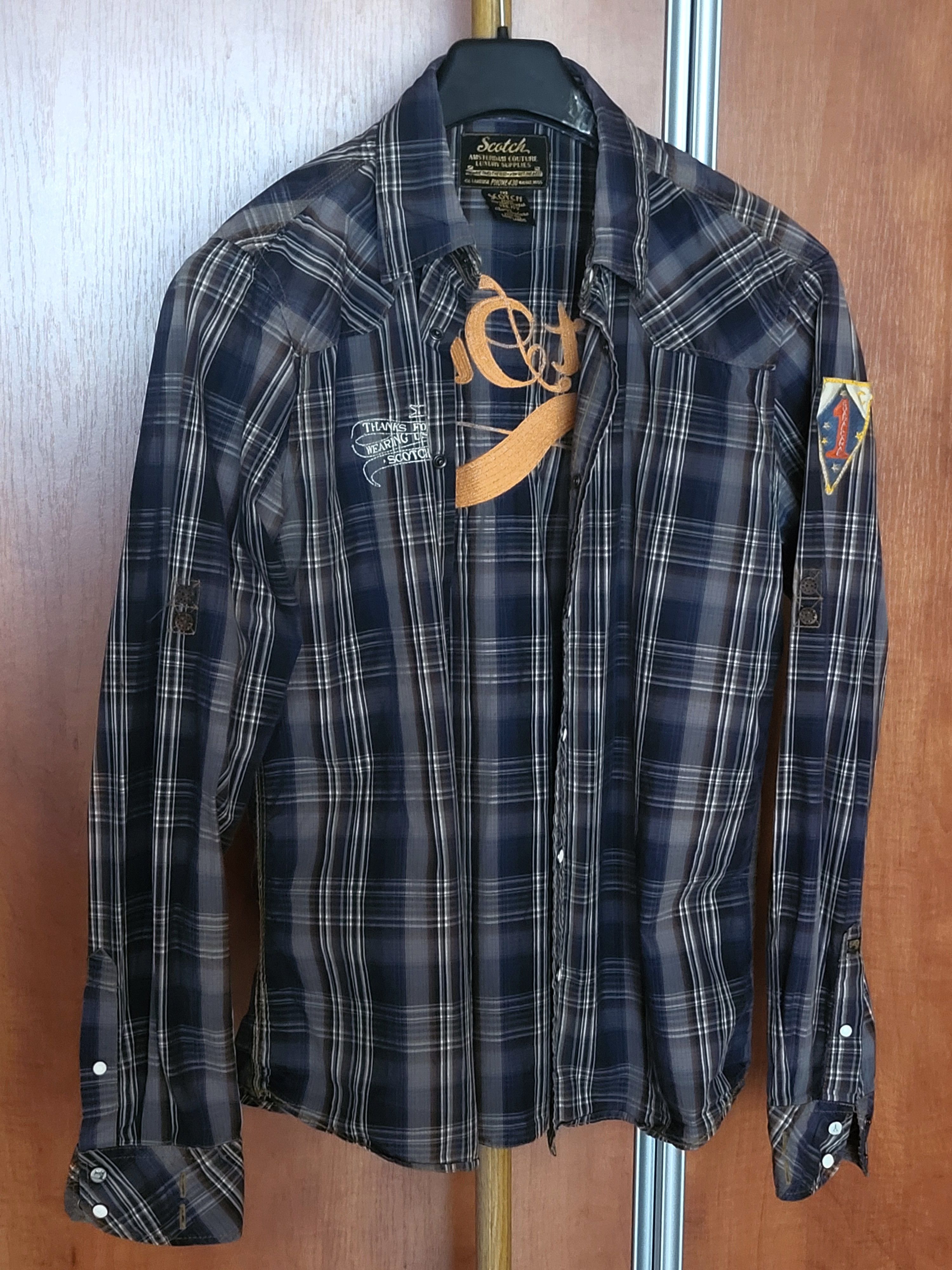 Scotch & Soda Mens shirt slim blue plaid rollup sleeve snap. Size US L / EU 52-54 / 3 - 5 Thumbnail