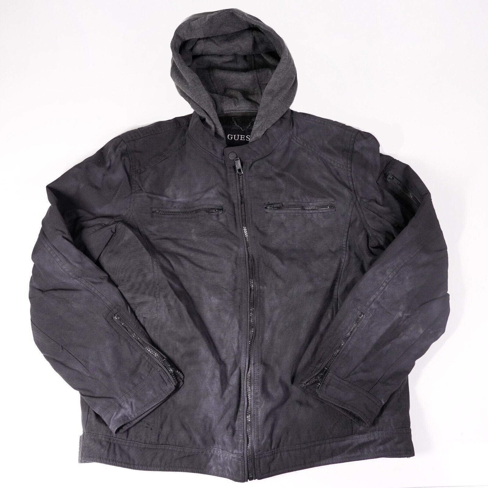 Guess Hooded Zip Up Zipper Jacket Warm Heavy Winter Coat L