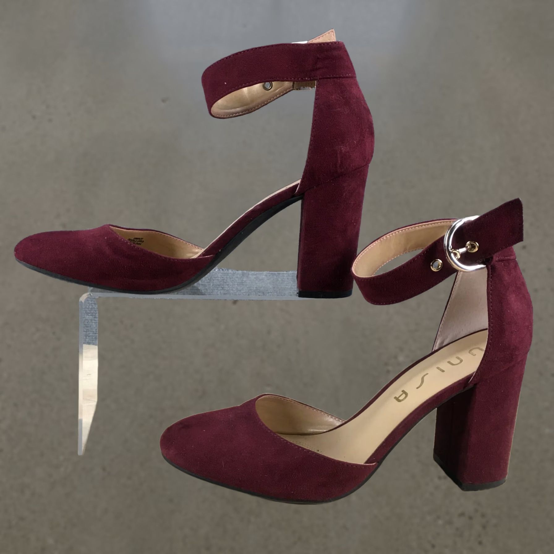 Vintage Unisa Heels Women 9 M Casual Block Heels Ankle Strappy Burgundy Fabric Shoes Size US 9 / IT 39 - 1 Thumbnail