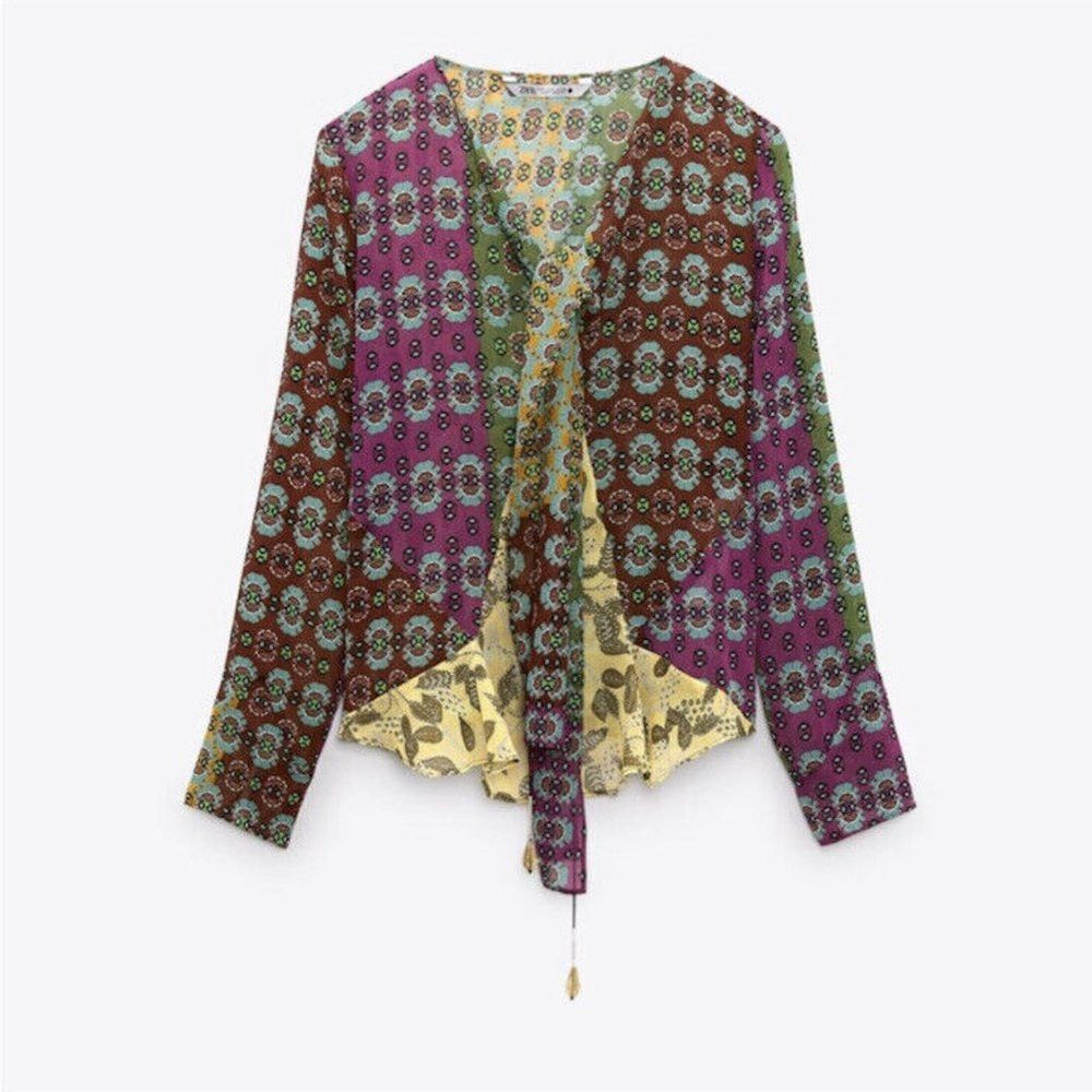 Zara NWT New ZARA Studio Zodiac Printed Shirt With Tie Size XS Size XS / US 0-2 / IT 36-38 - 2 Thumbnail