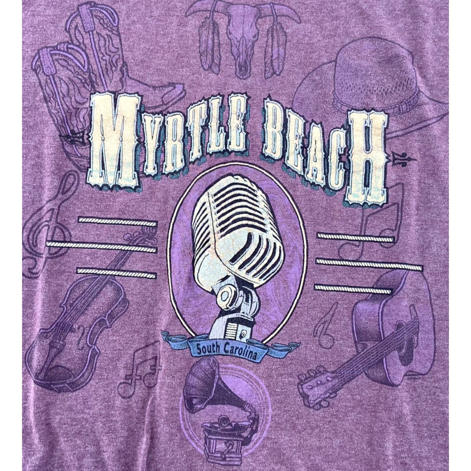 Vintage VINTAGE Center Star Myrtle Beach Shirt Burgundy Music Instruments Single Stitch Adult L Short Sleeve Crew Neck Mens Size US L / EU 52-54 / 3 - 3 Thumbnail