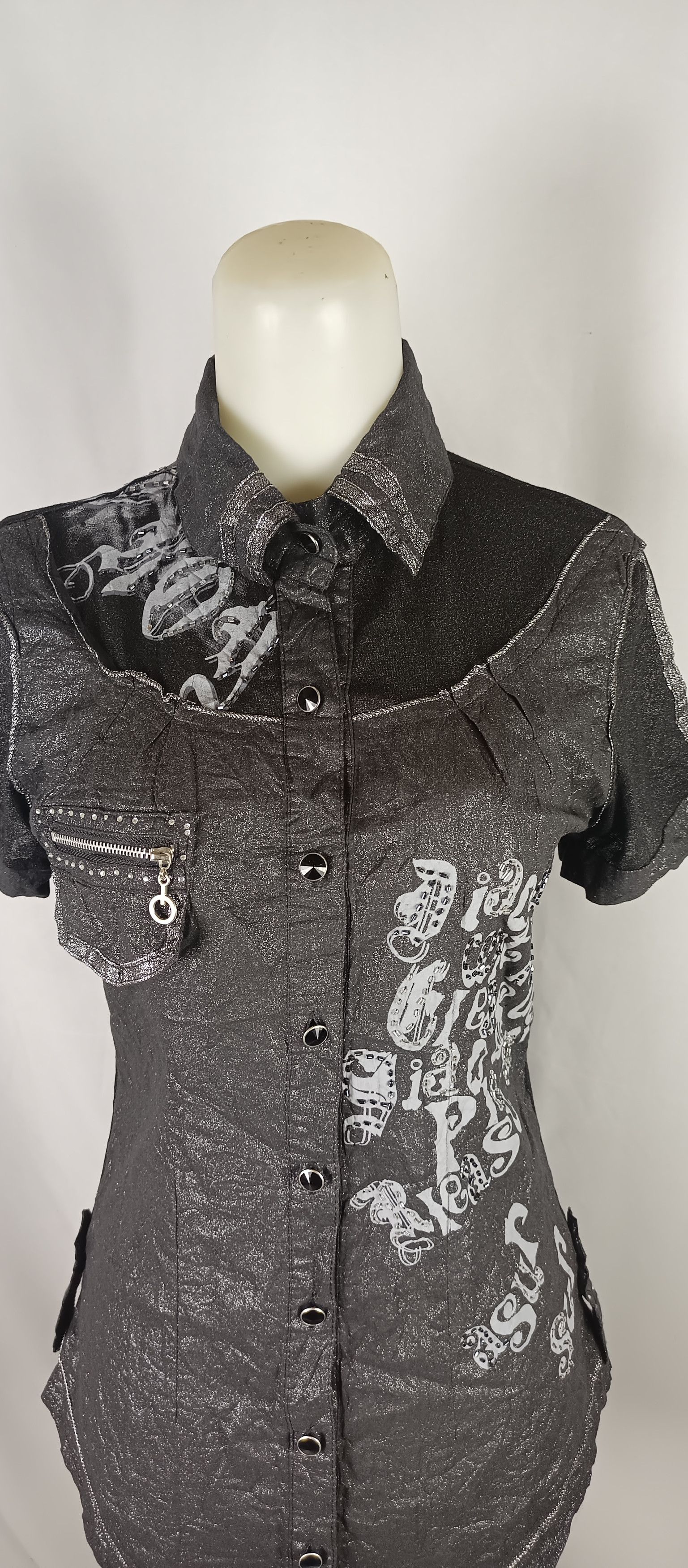 Japanese Brand Women's Black Poem Shimmer Blouses Short Sleeve Size US M / EU 48-50 / 2 - 2 Thumbnail