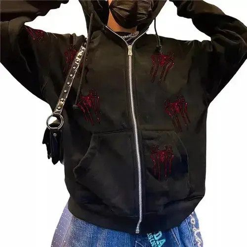 Japanese Brand Rhinestone Zip y2k Hoodie Spider Web Gothic Punk Style Size US M / EU 48-50 / 2 - 3 Thumbnail