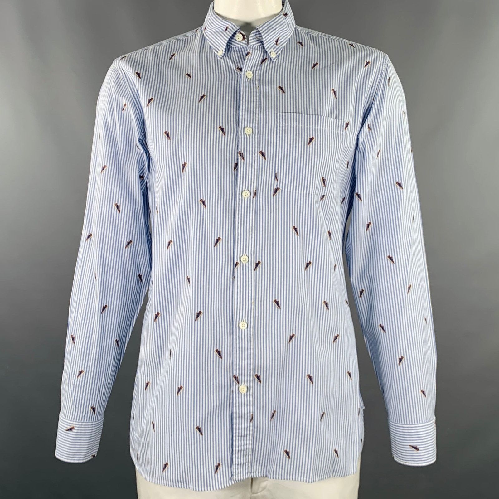 Z Zegna Blue White Stripe Cotton One Pocket Long Sleeve Shirt Size US XL / EU 56 / 4 - 1 Thumbnail