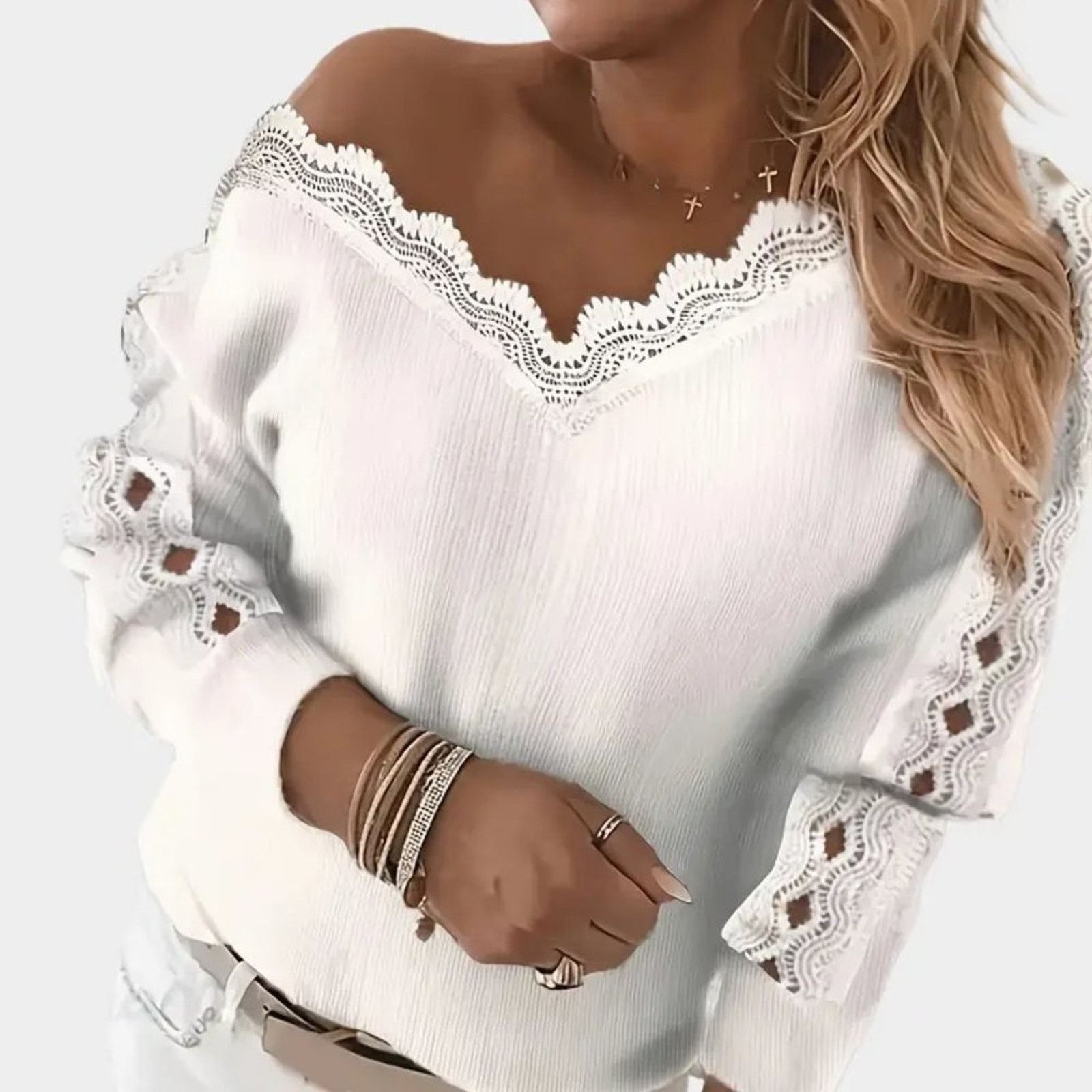 Other Contrast Lace V-Neck Knitted Sweater - white - 14 Size XL / US 12-14 / IT 48-50 - 2 Thumbnail