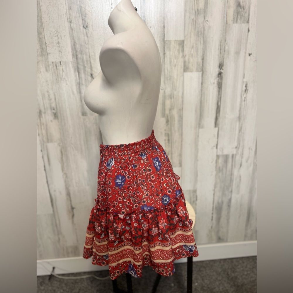 Other Red Boho Floral Ruffle Skirt Womens Medium Elastic Waist Tie Size 28" / US 6 / IT 42 - 2 Thumbnail