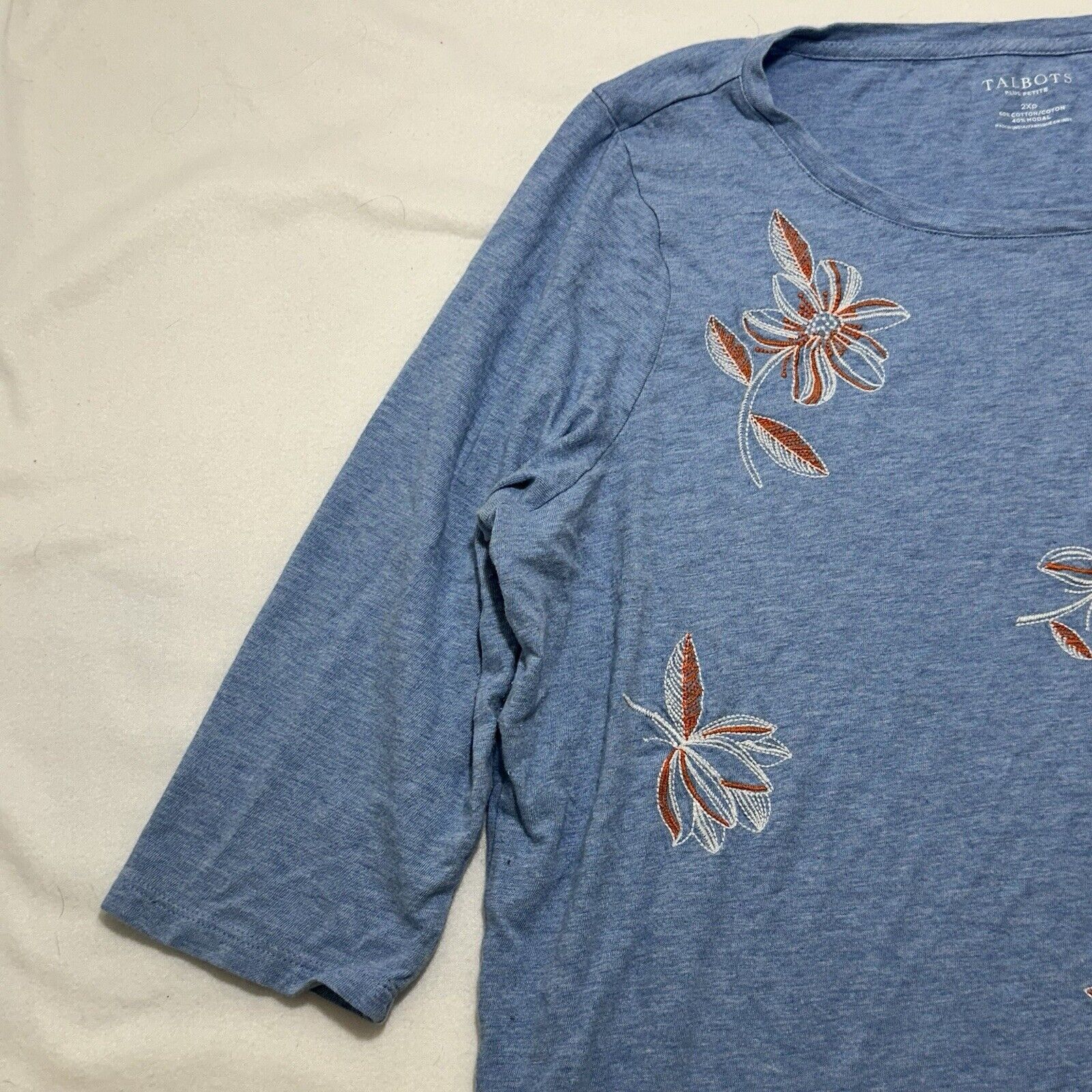 Other Talbots 2XP Blue Floral 3/4 Sleeve T Shirt Embroidered Size XXL / US 16-18 / IT 52-54 - 5 Thumbnail