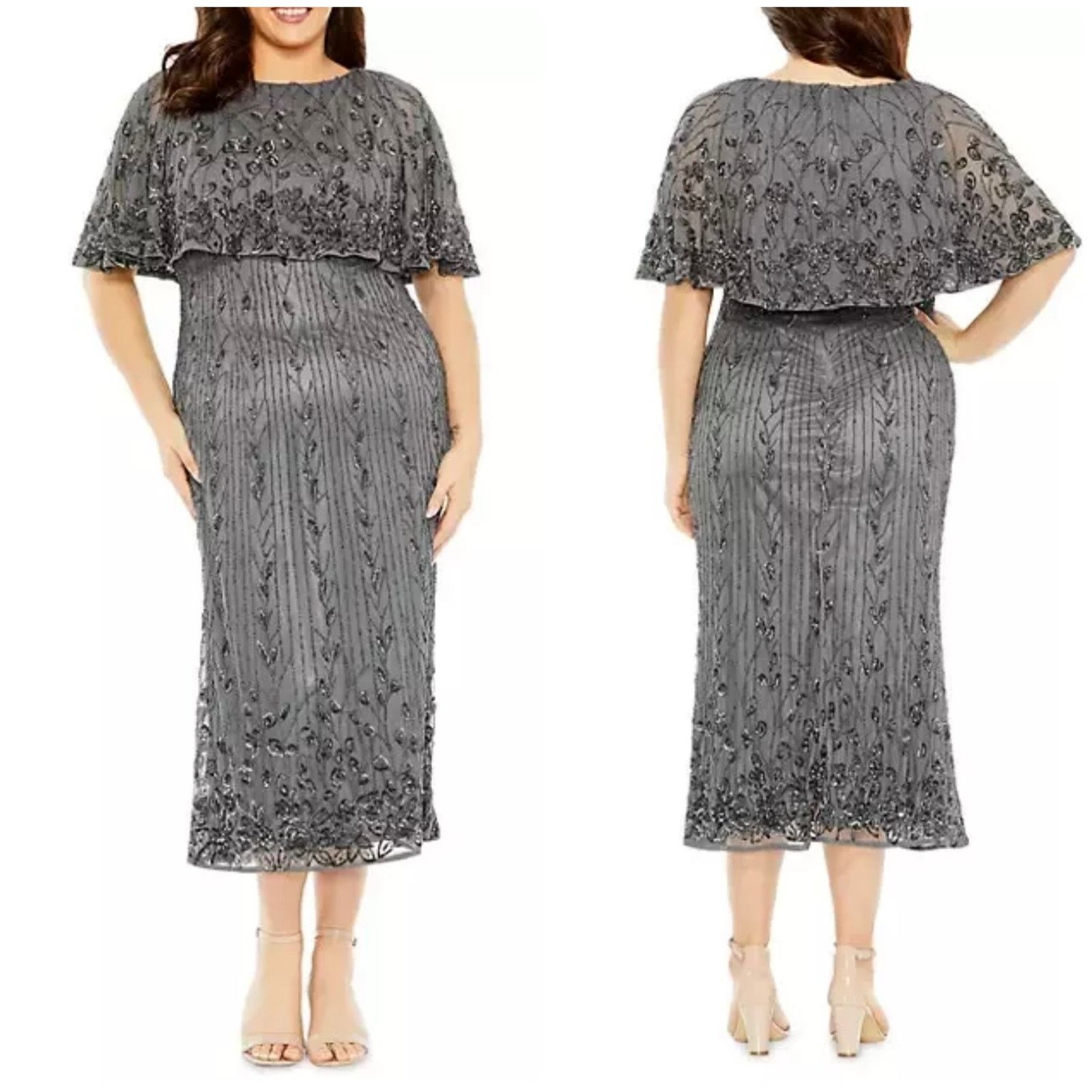 MACH & MACH Mac Duggal Pewter Beaded Popover Cape Cocktail Midi Dress Size 3XL / US 20-22 - 1 Thumbnail