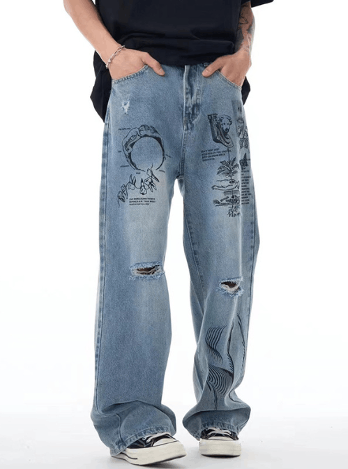 Japanese Brand × Jean Men's American high street printed graffiti ripped jeans Size US 32 / EU 48 - 3 Thumbnail