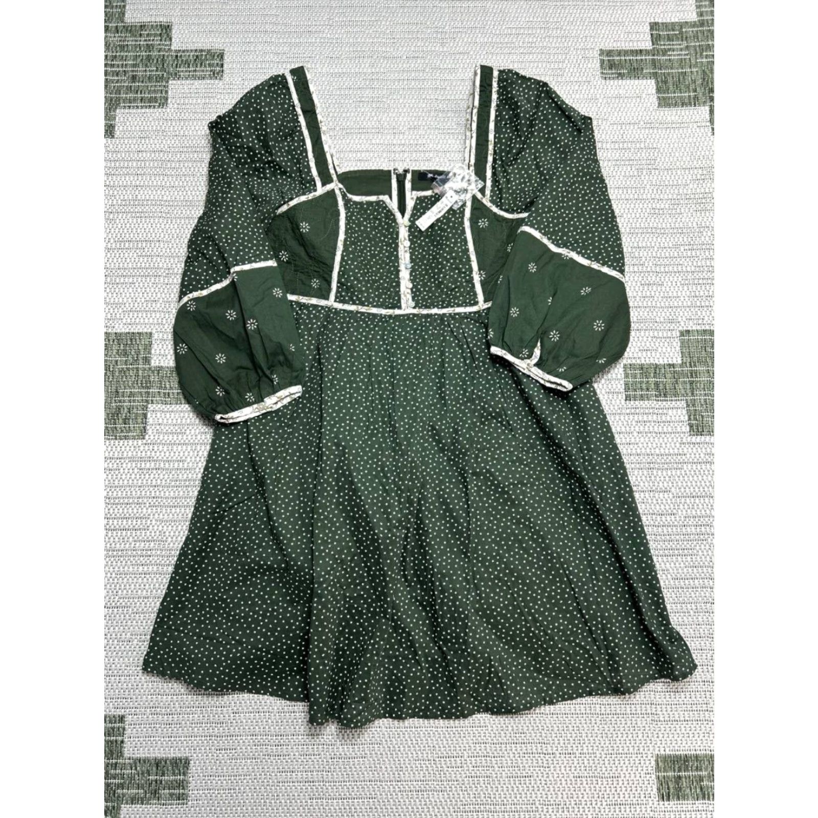 VINTAGE Madewell Floral Mix Square Neck Mini Dress Womens 4 Green Cotton  Puff Sleeve New