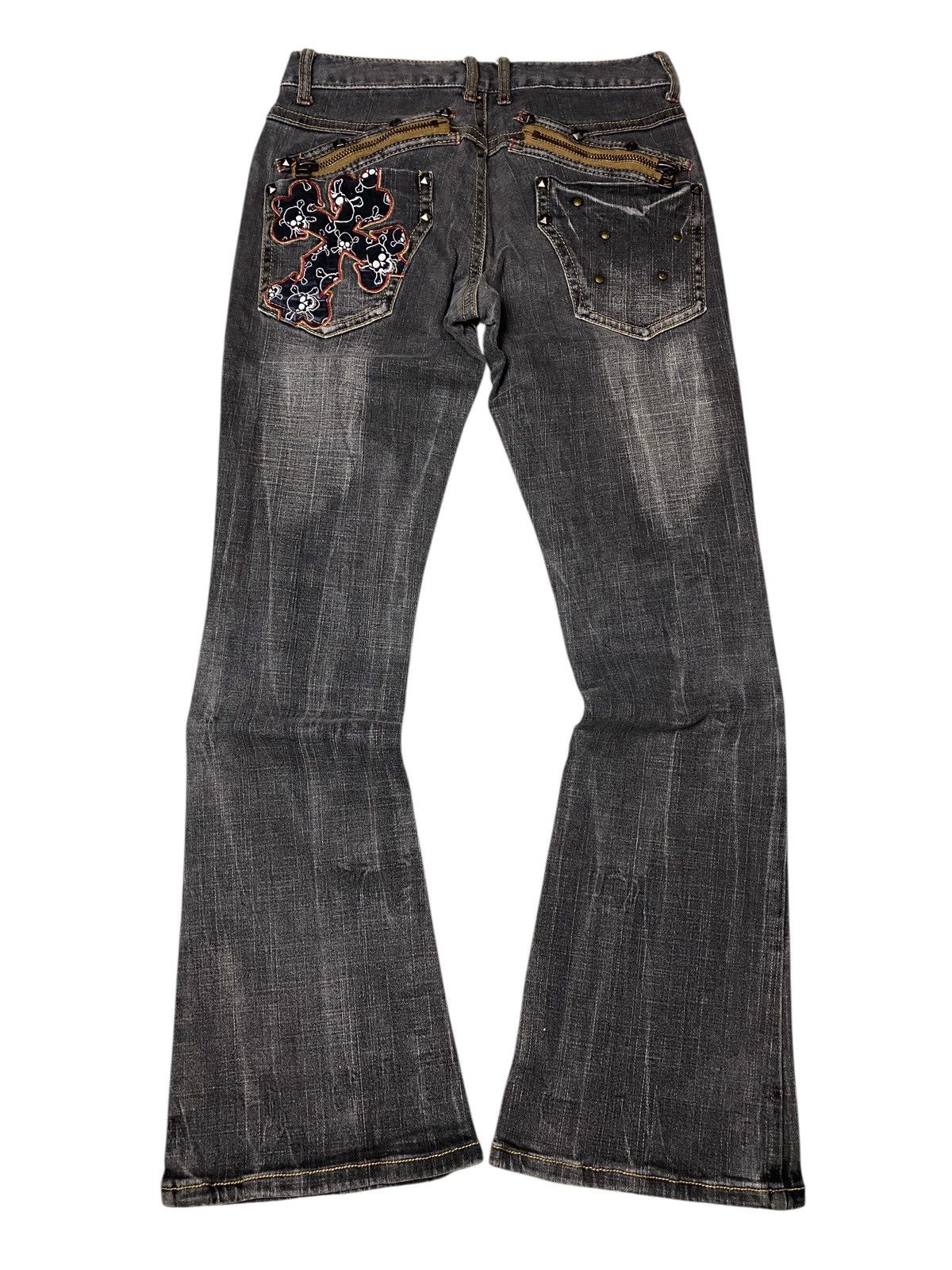 If Six Was Nine 2000's BCBG Skull Cross Studded Flared Jeans Size US 26 / EU 42 - 1 Thumbnail