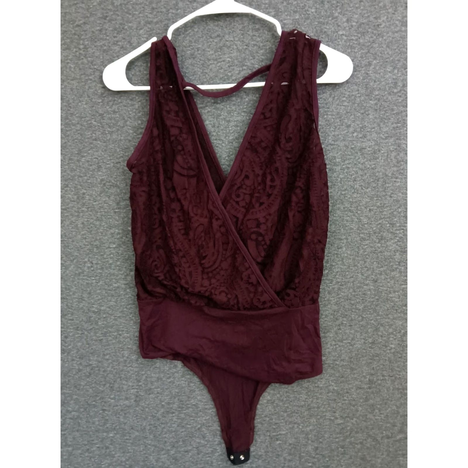 Vintage MAGIA Bodysuit Shirt Women M Dark Red Wine Lace V-Neck Overlap One Size Fits Everybody" Size ONE SIZE - 2 Thumbnail
