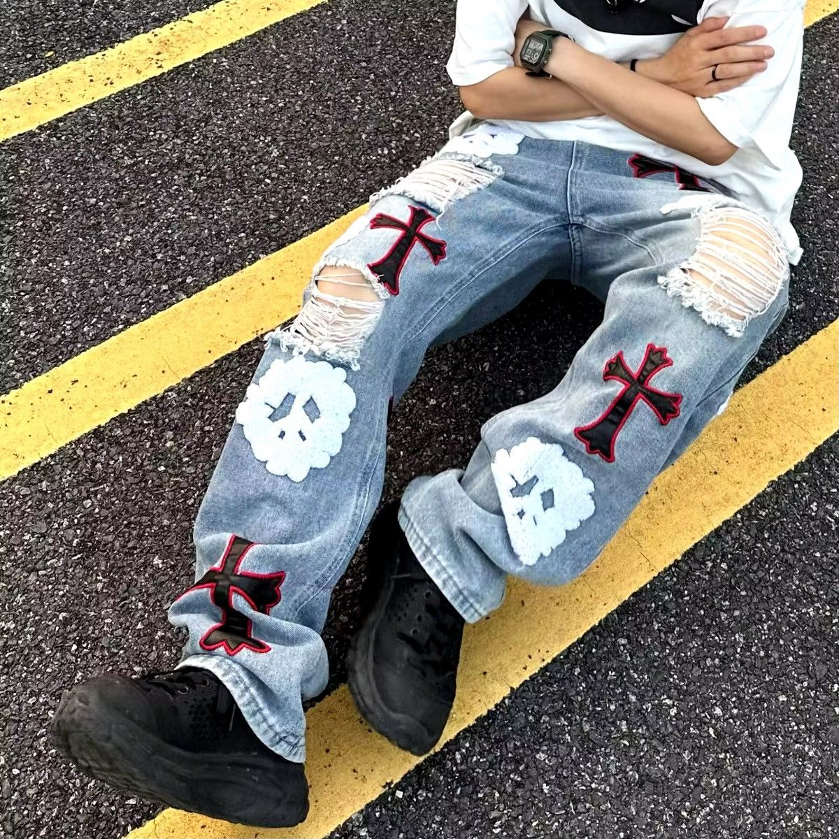 Designer × Jean High street heavy embroidered ripped straight cross jeans Size US 32 / EU 48 - 9 Thumbnail