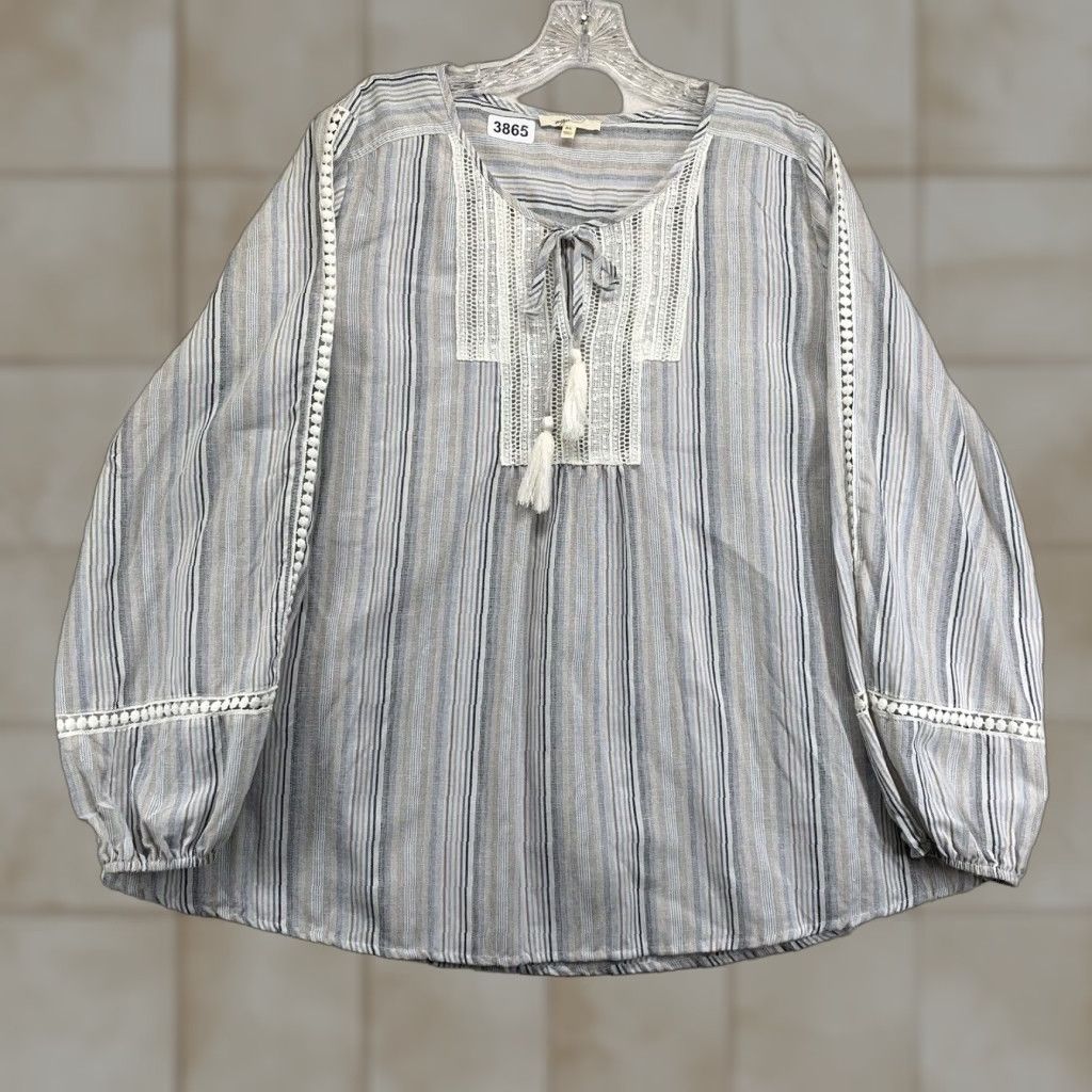 Vintage VINTAGE Mystree Women’s Medium Tunic Top Blouse Tie Neck Semi Sheer Stripes Earth Tones Boho Beach Summer Fashion Womens Size M / US 6-8 / IT 42-44 - 1 Thumbnail