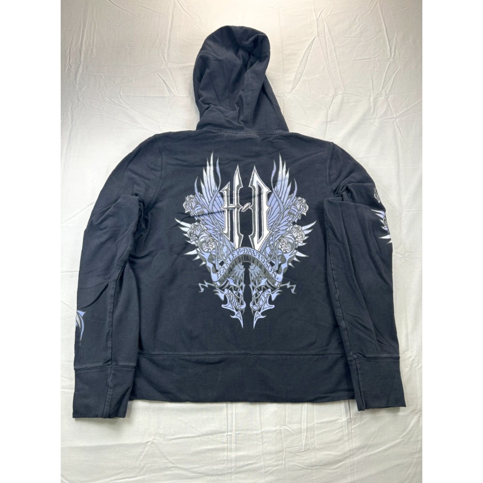 Harley Davidson VINTAGE Harley-Davidson Hoodie Women Large L Black Henley Lace-up Sleeve Wing Rose Grunge 90s Hit Size L / US 10 / IT 46 - 5 Thumbnail