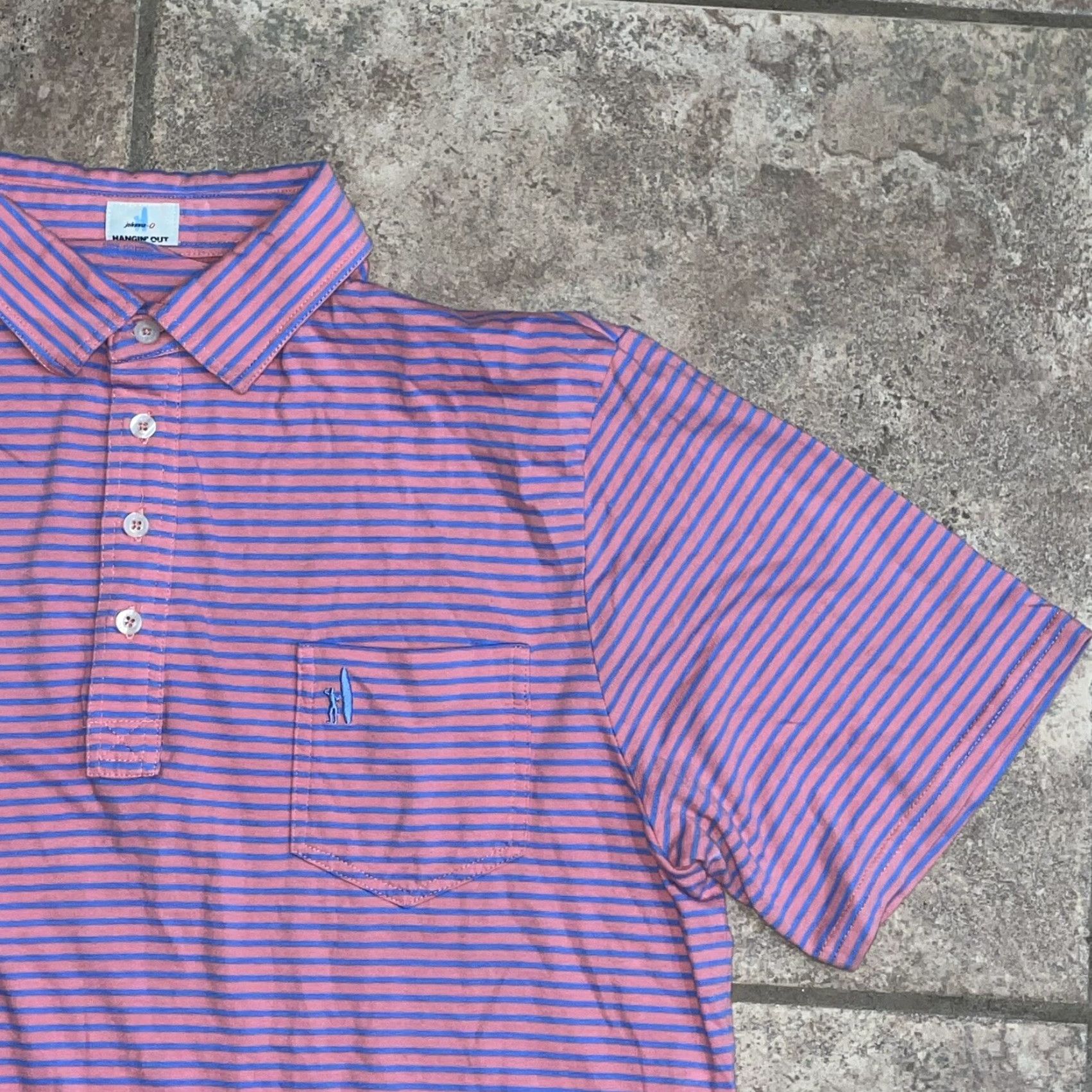johnnie-O Johnnie-O Hamgin’ out Half Button-Up Short Sleeve Blue Pink Striped Men’s L Size US 33 - 3 Thumbnail