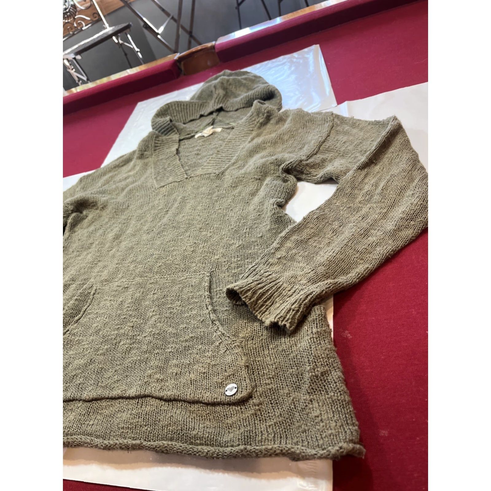 Vintage Roxy Army GREEN Hooded Sweater Knit V Neck front Pocket Slouchy Cotton Women XL Size XL / US 12-14 / IT 48-50 - 2 Thumbnail