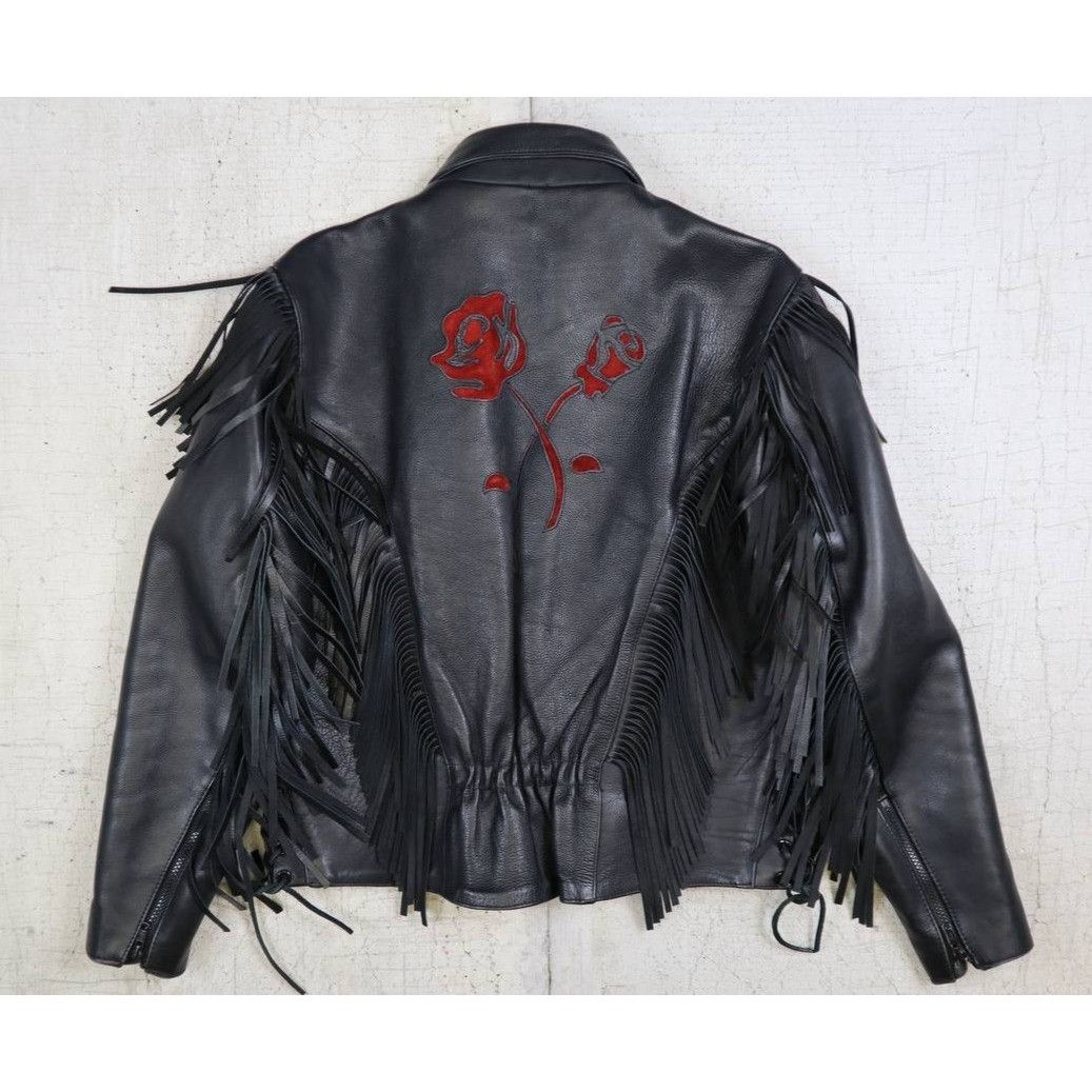 Vintage Vintage Black Leather Fringe Jacket w/ Red Rose Embroidery Size M / US 6-8 / IT 42-44 - 2 Thumbnail