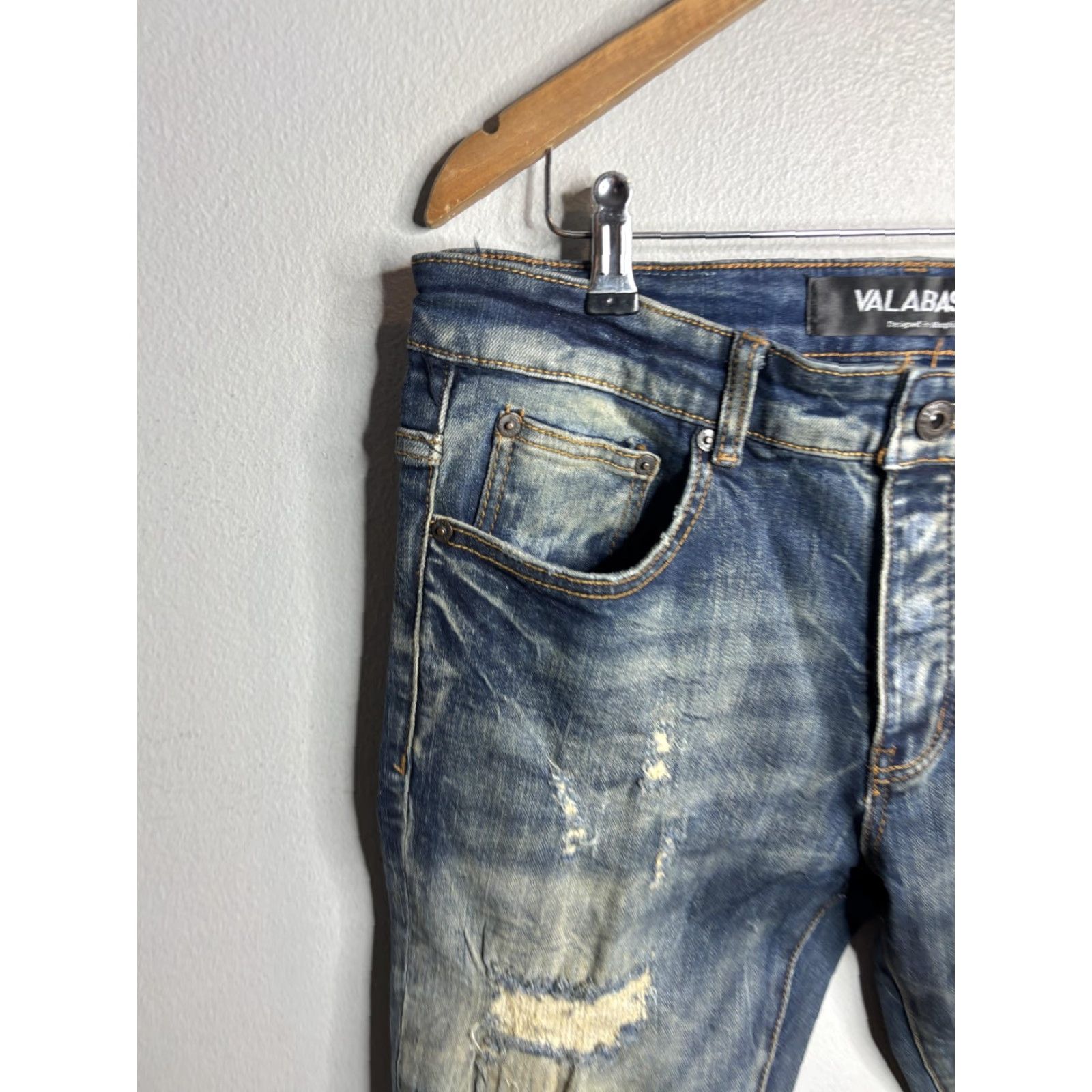 Denime VALABASAS Jeans Mens 32x32 Blue Medium Wash Distressed Skinny Stretch Denim Size US 32 / EU 48 - 2 Thumbnail