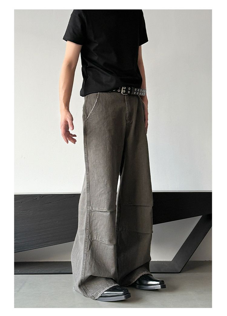 Gray Embroidery Stripes Straight Wide Leg Flare Jeans