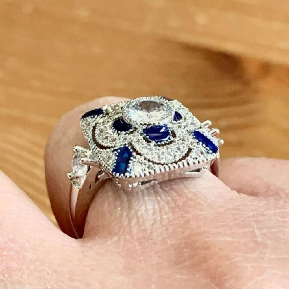 Designer 925 Sterling Silver Blue Geometric Art Deco Ring - Size 7 Size ONE SIZE - 7 Thumbnail