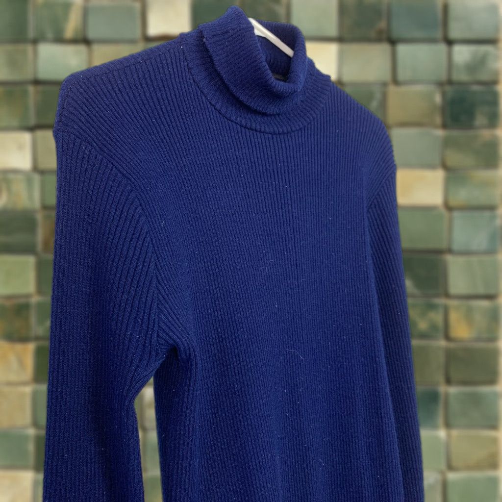 Vintage VINTAGE 70s Orlon Campus Turtleneck Blue Ribbed Acrylic Sweater Large Cobain Size US L / EU 52-54 / 3 - 1 Thumbnail