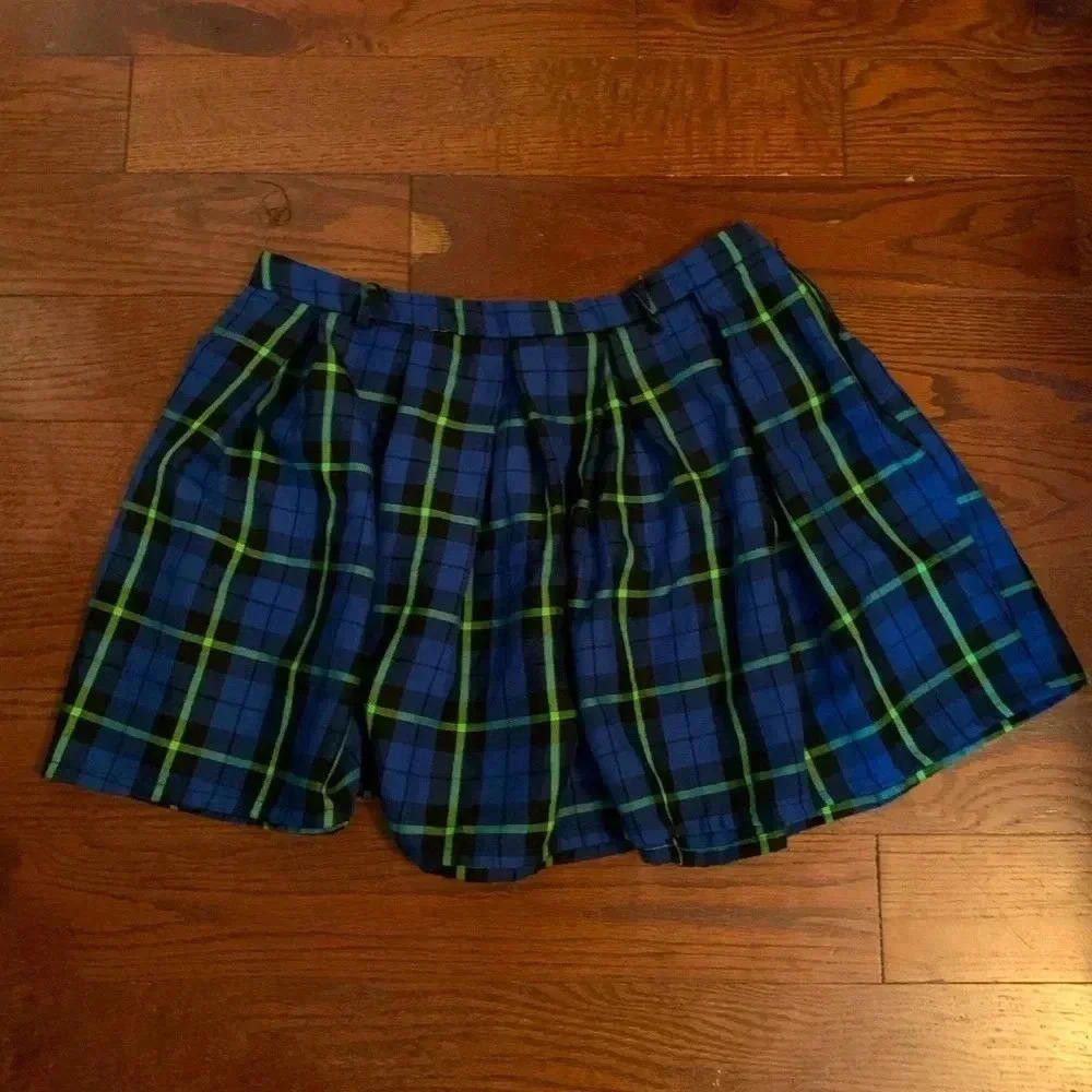 Designer Hottopic Blue Plaid Pleated Skirt - Size LG Size 36" / US 14 / IT 50 - 2 Thumbnail