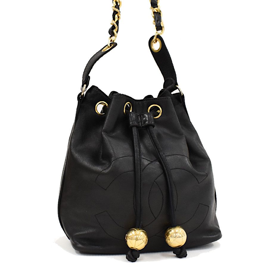 image of Chanel Drawstring Chain Shoulder Bag Lambskin Leather Black Gold Hardware, Women's