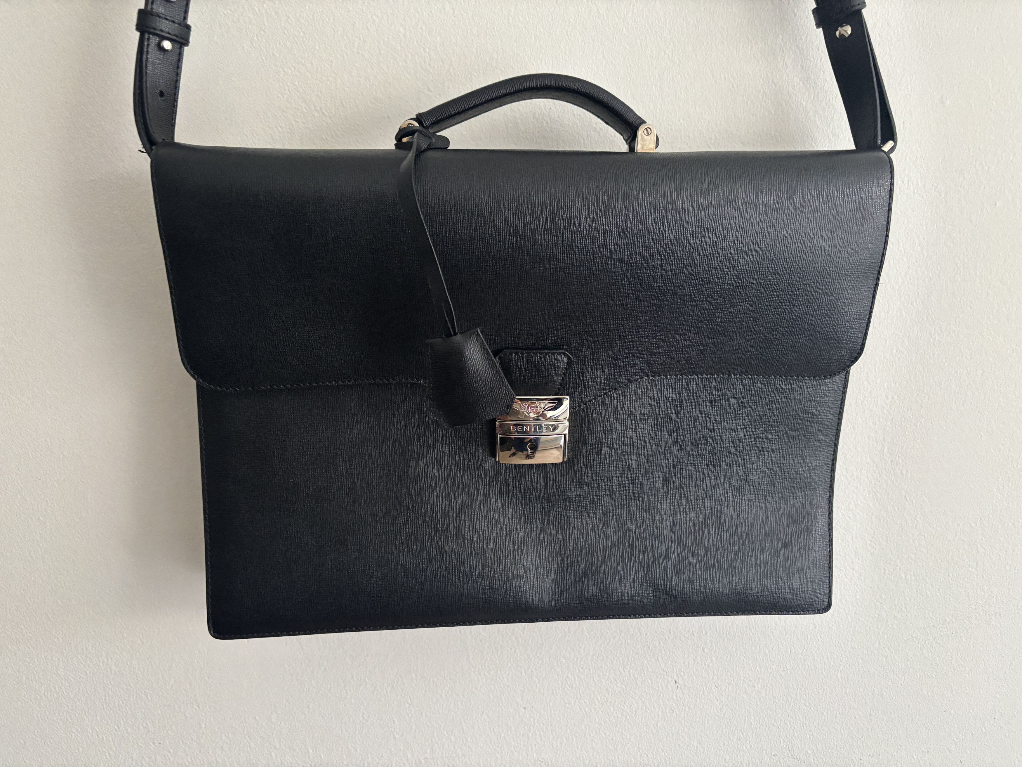 Bentley $925 Black Saffiano Leather Briefcase Attache | Silver Logo Size ONE SIZE - 1 Thumbnail